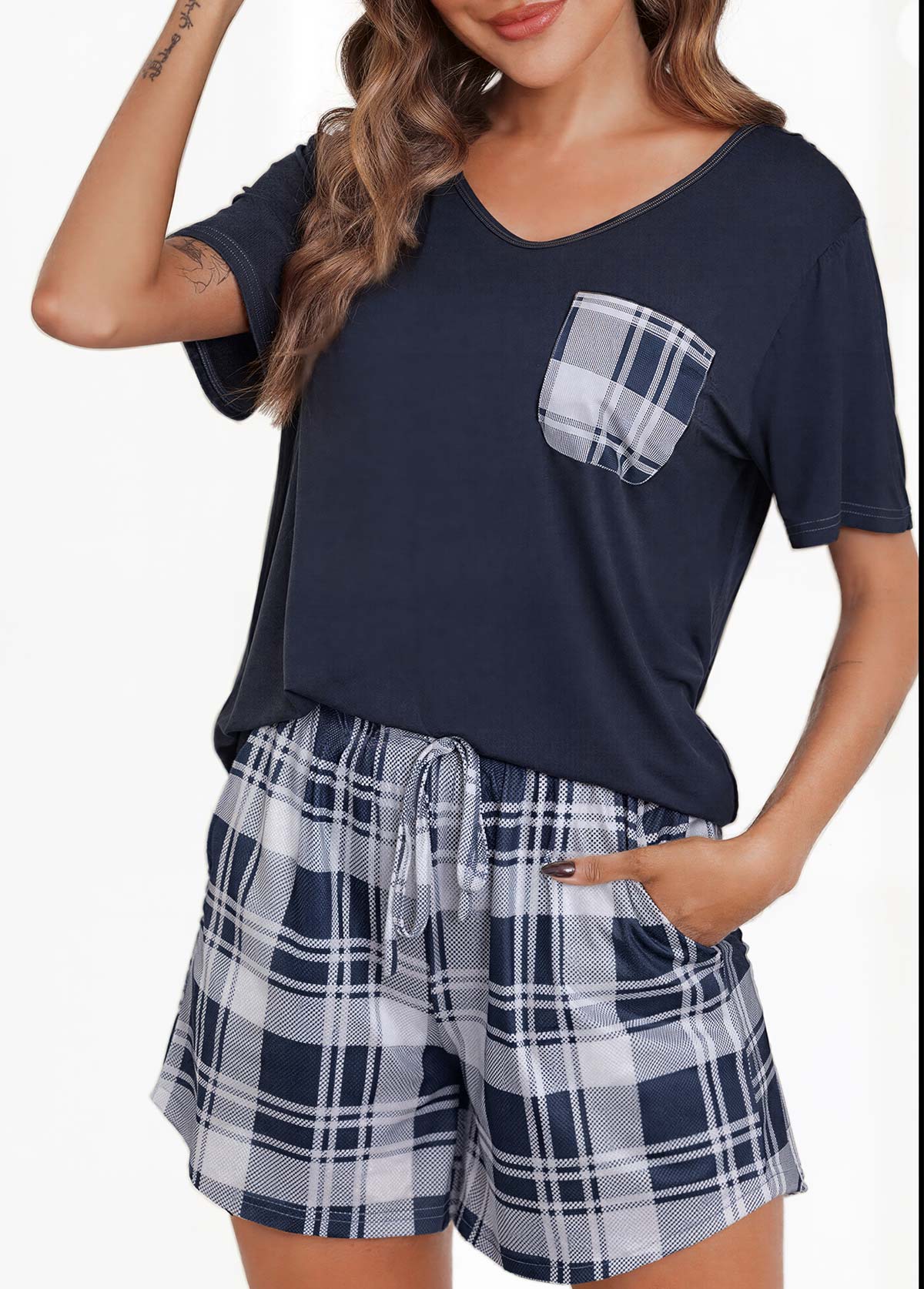 Navy Plaid Short Sleeve Lounge Top and Shorts | picture 