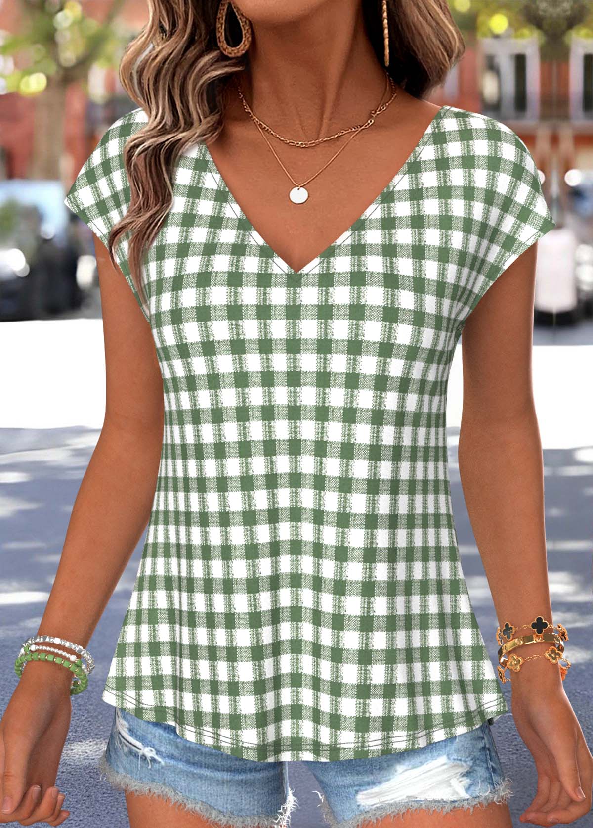 Green Plaid Bowknot Short Sleeve V Neck T Shirt | picture 
