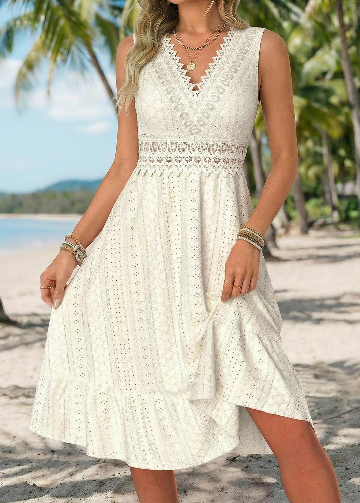 Beige Shirred Sleeveless V Neck Dress | picture 