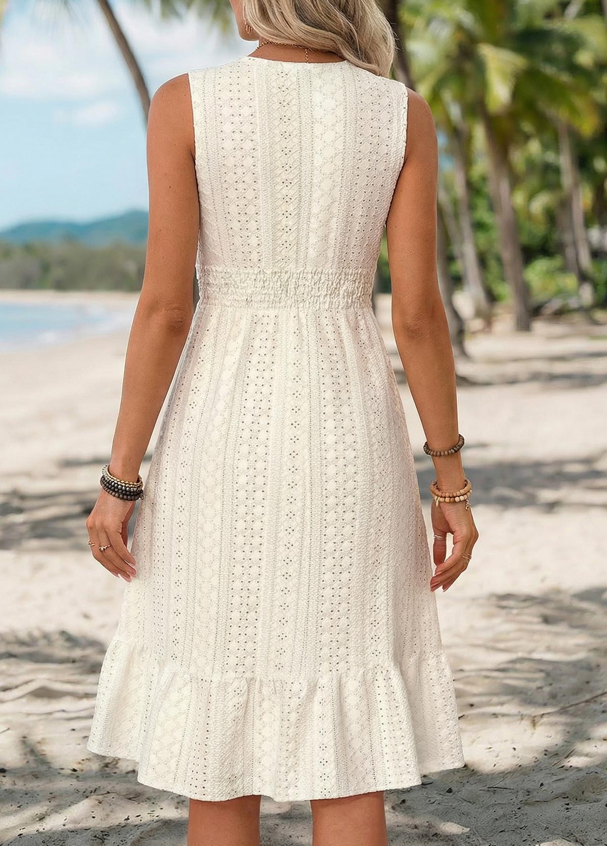 Beige Shirred Sleeveless V Neck Dress | picture 