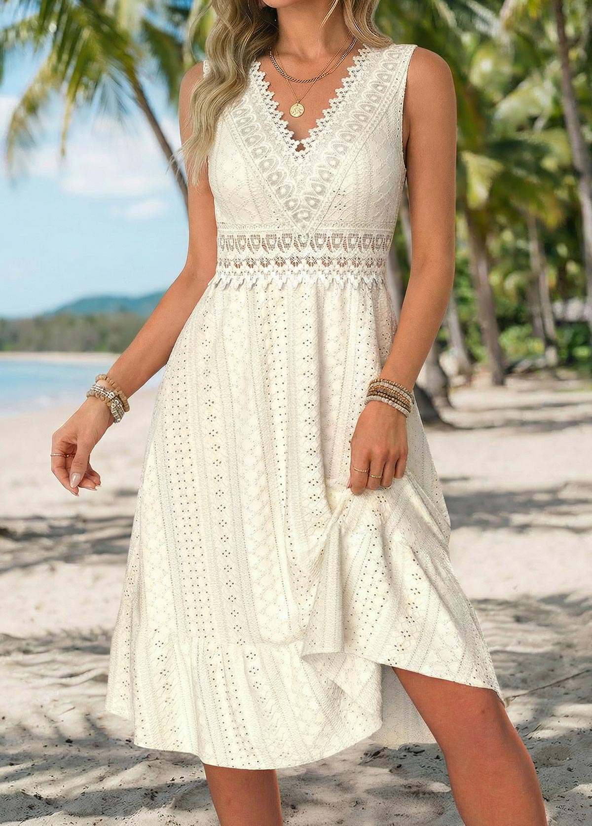 Beige Shirred Sleeveless V Neck Dress | picture 