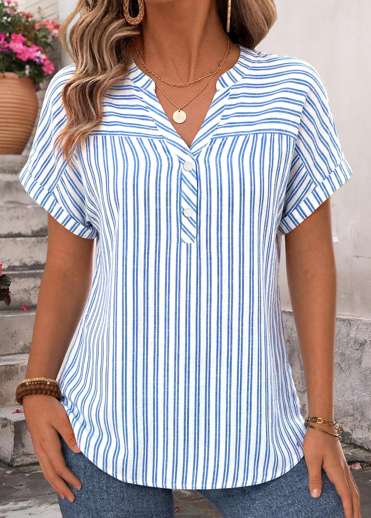 Blue Striped Bowknot Strappy Halter Blouse | picture 