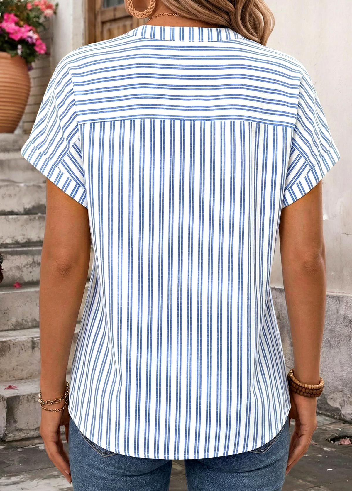 Blue Striped Bowknot Strappy Halter Blouse | picture 