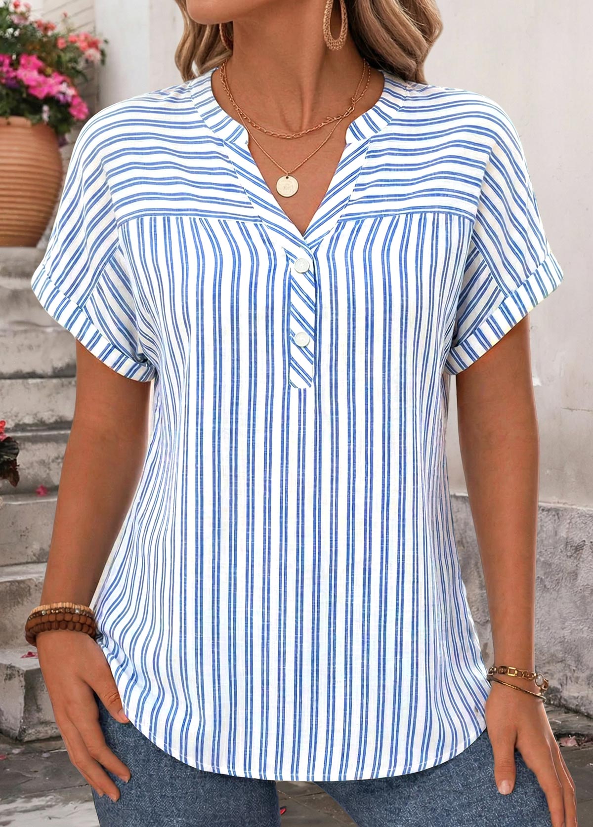 Blue Striped Bowknot Strappy Halter Blouse | picture 