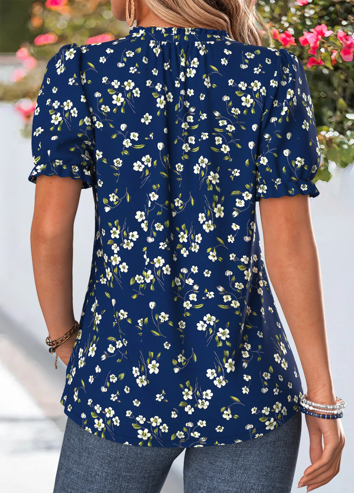 White Ditsy Floral Print Button Short Sleeve T Shirt | picture 