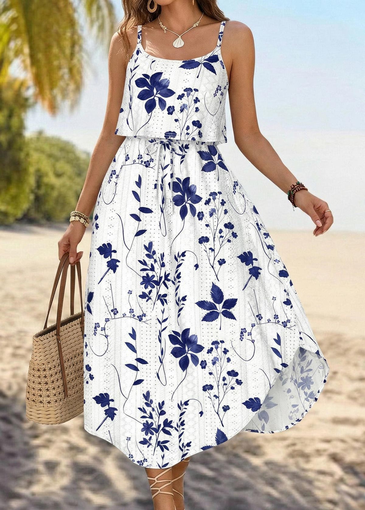 White Leaf Print Bowknot Strappy Round Neck Dress | picture 