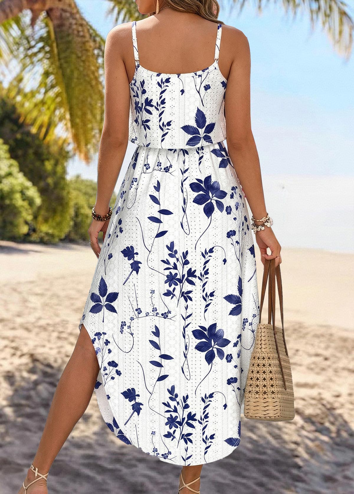 White Leaf Print Bowknot Strappy Round Neck Dress | picture 