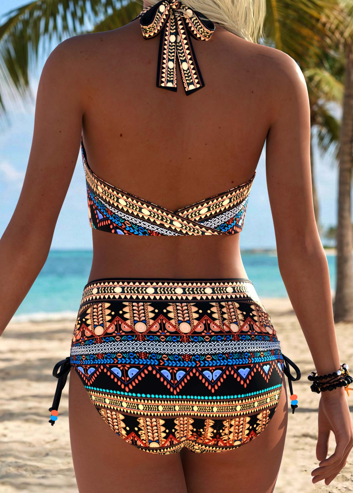 Multi Color Mid Waisted Bowknot Tribal Print Bikini Set | picture 