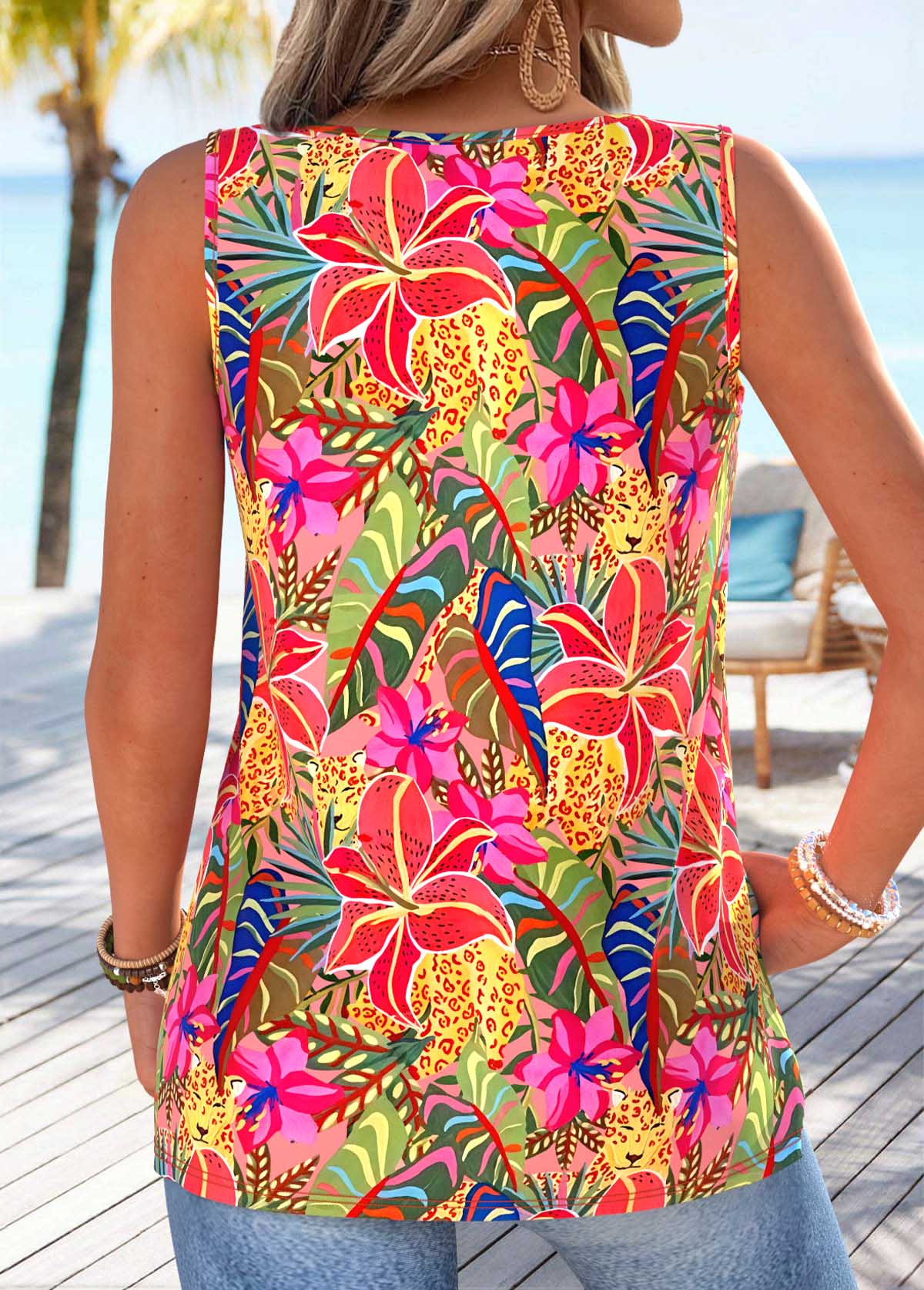 Multi Color Tropical Plants Print Tie Sleeveless Tank Top | picture 