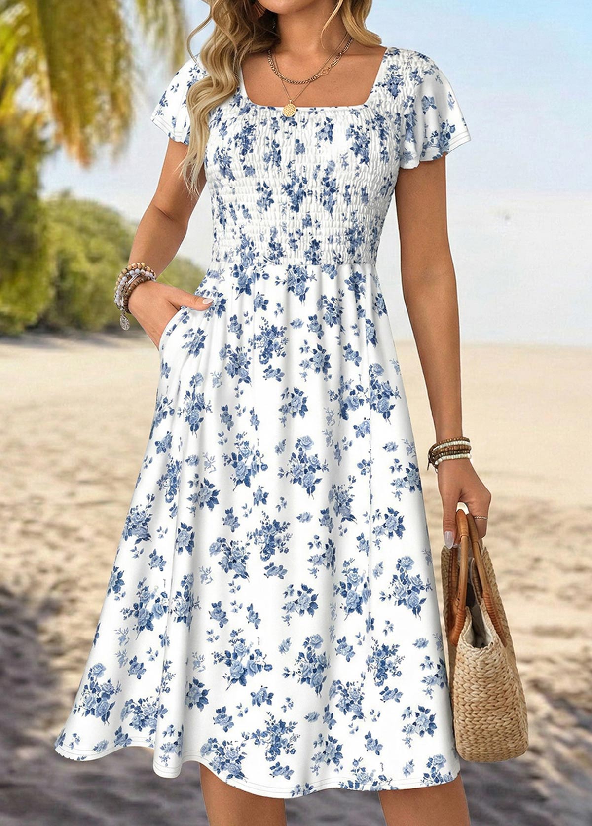 Navy Ditsy Floral Print Wrap Short Sleeve Dress | picture 