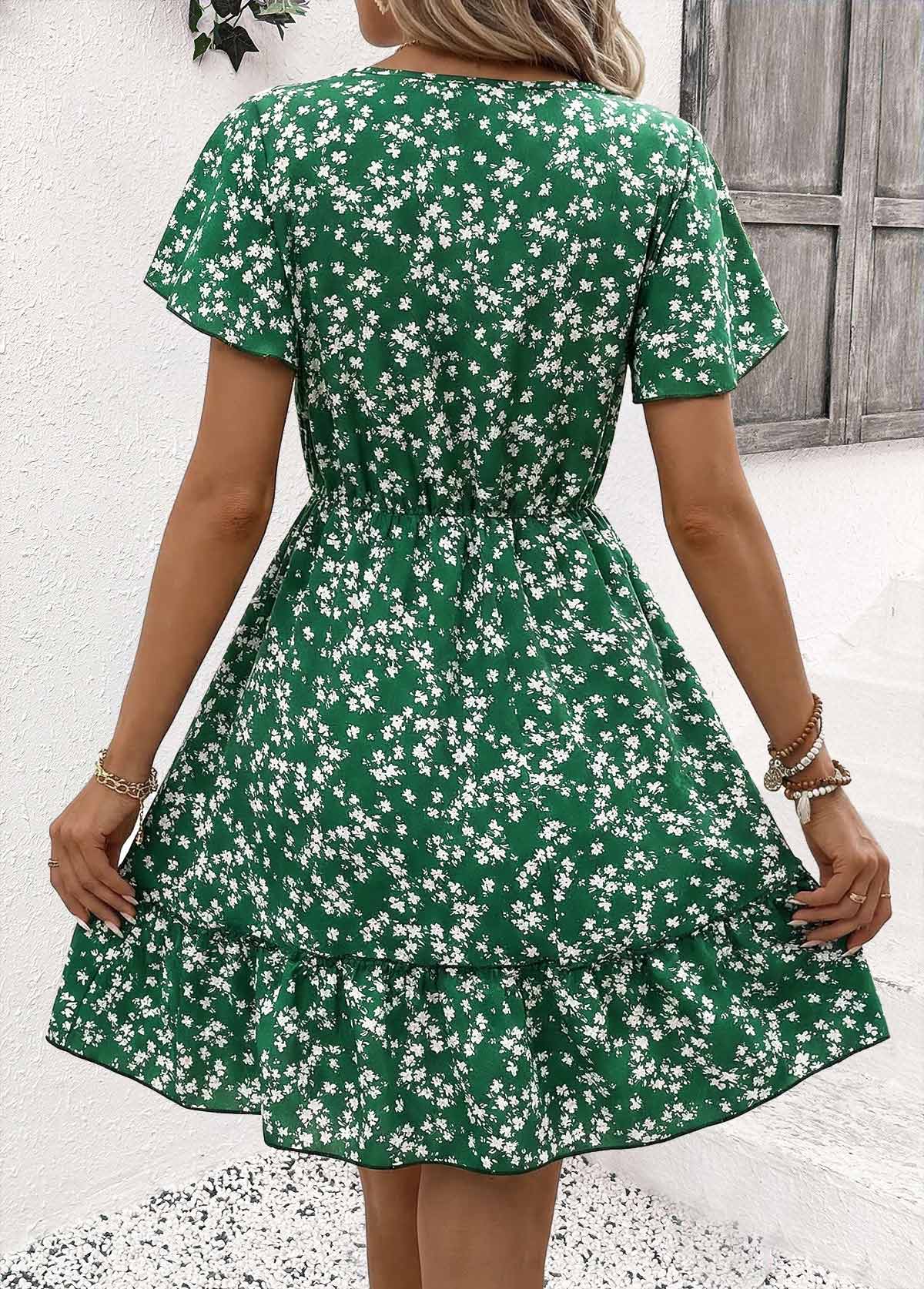 Green Ditsy Floral Print Short Curved Hem Dress | picture 