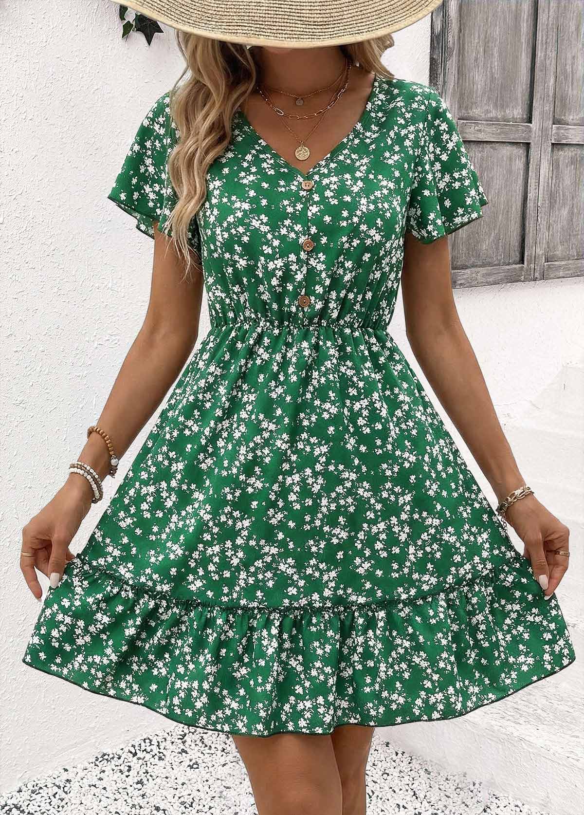Green Ditsy Floral Print Short Curved Hem Dress | picture 