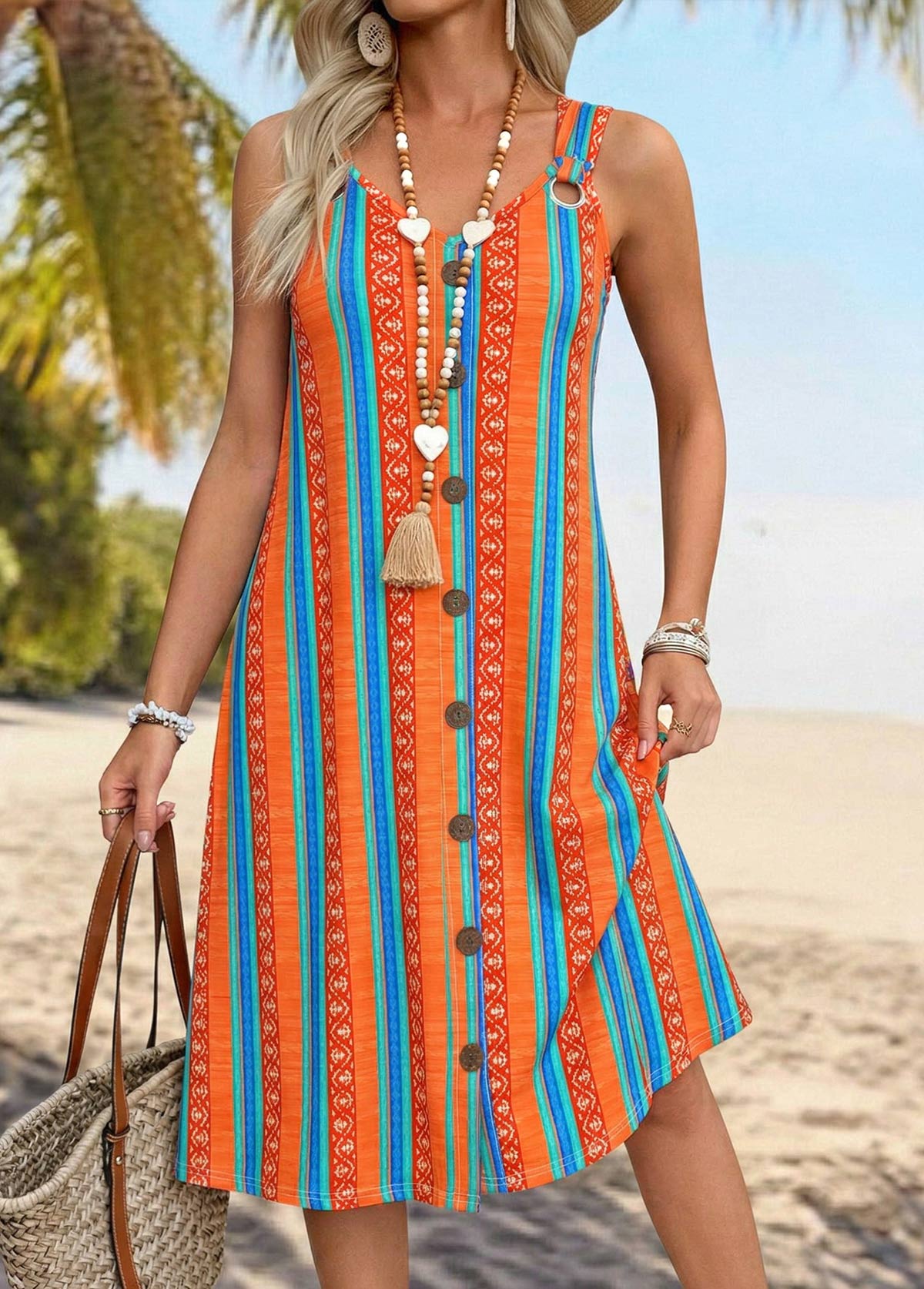 Orange Striped Tummy Coverage A Line Strappy Dress | picture 