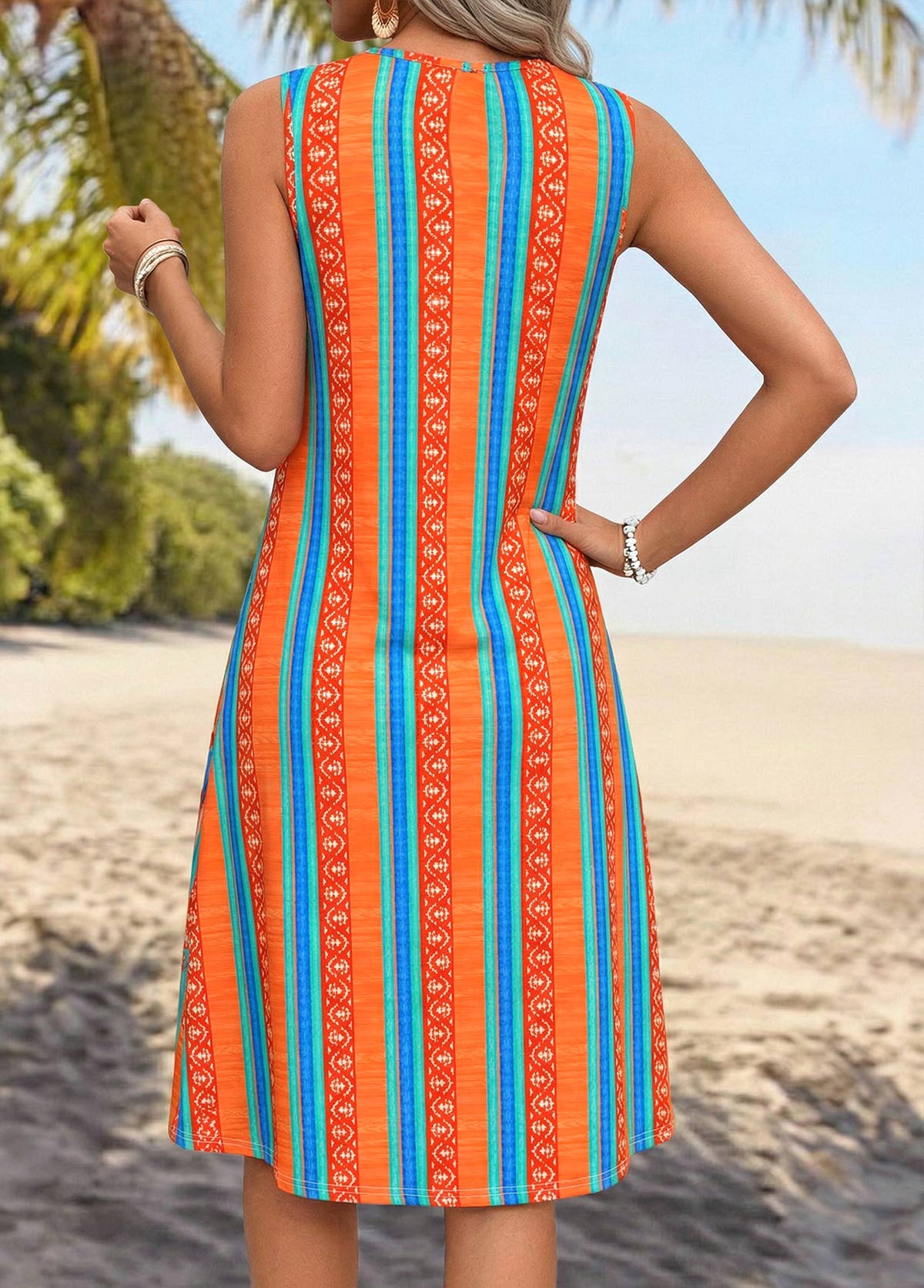 Orange Striped Tummy Coverage A Line Strappy Dress | picture 