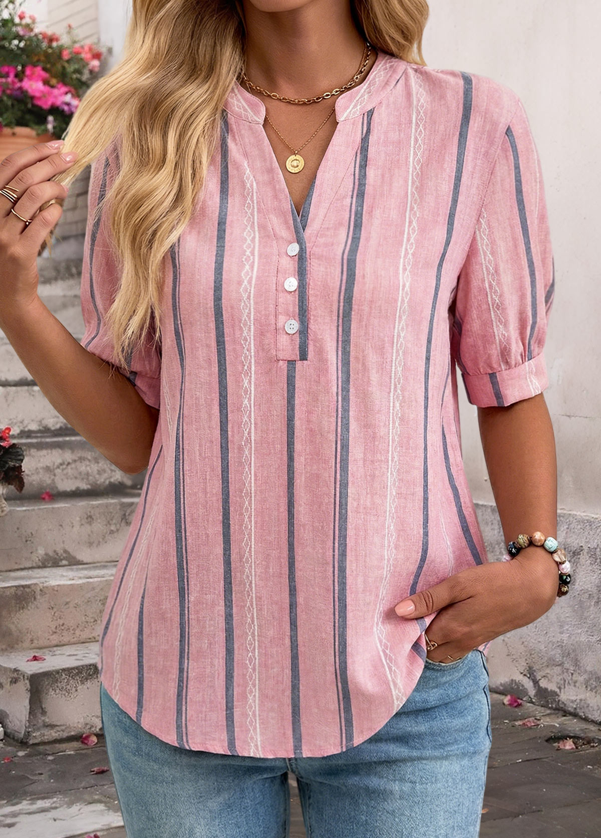 Pink Striped Patchwork Short Sleeve Split Neck Blouse | picture 