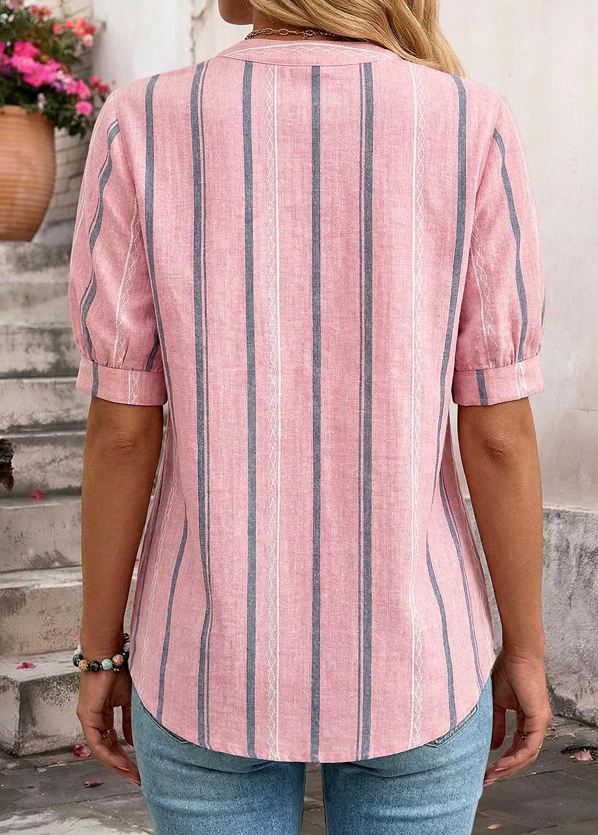 Pink Striped Patchwork Short Sleeve Split Neck Blouse | picture 