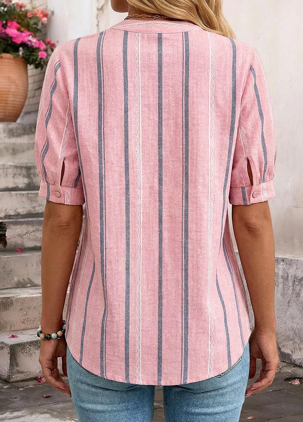 Pink Striped Patchwork Short Sleeve Split Neck Blouse | picture 