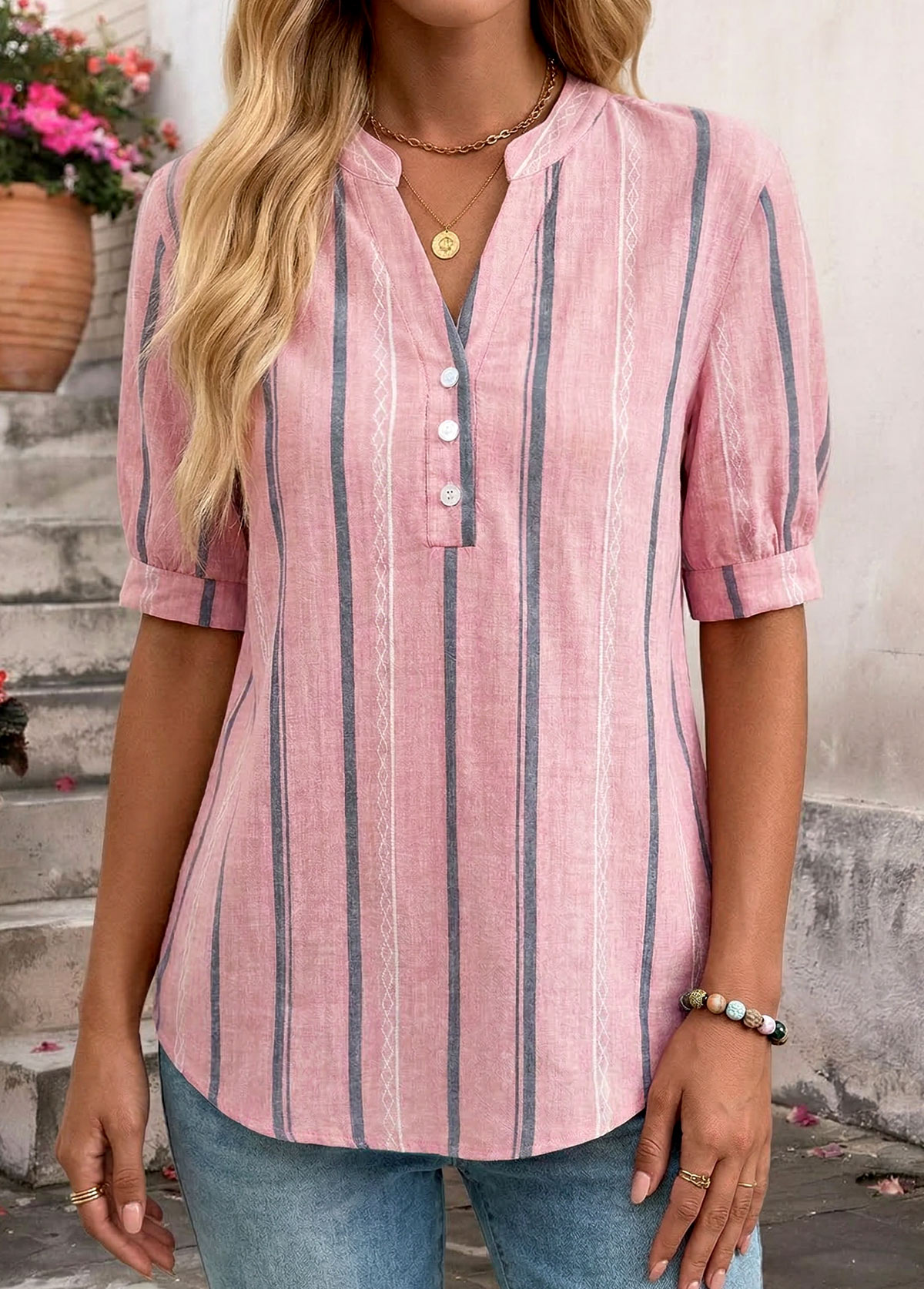 Pink Striped Patchwork Short Sleeve Split Neck Blouse | picture 