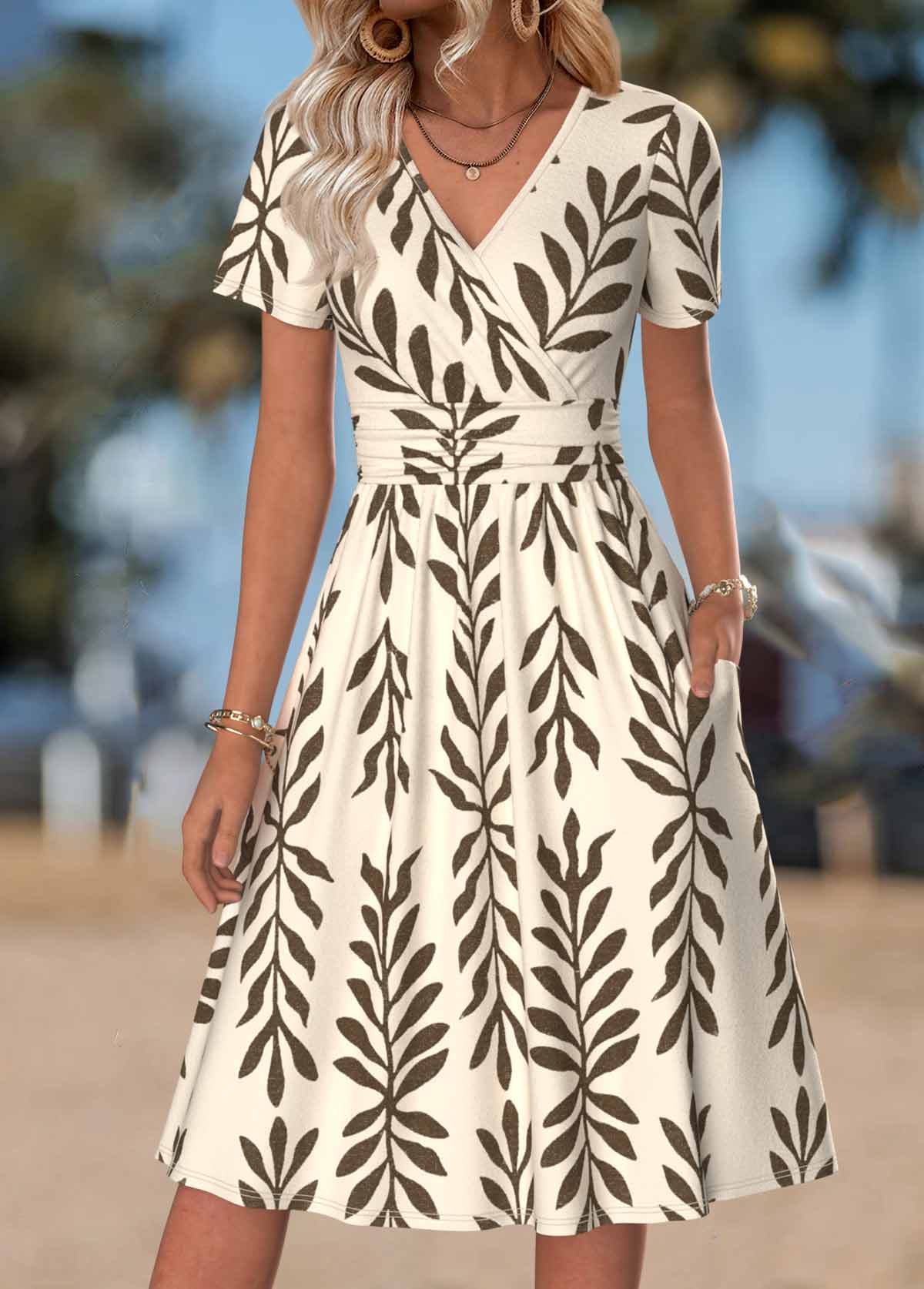 Beige Leaf Print Double Side Pockets Sleeveless Dress | picture 
