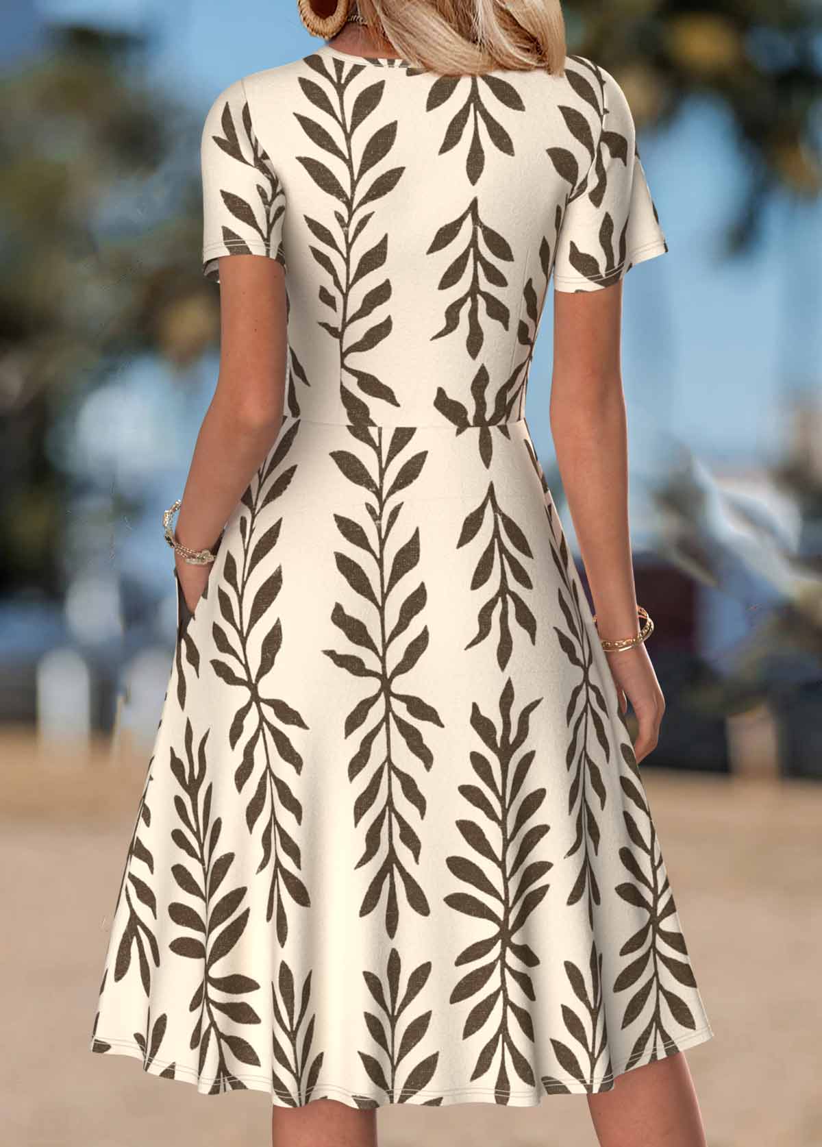 Beige Leaf Print Double Side Pockets Sleeveless Dress | picture 