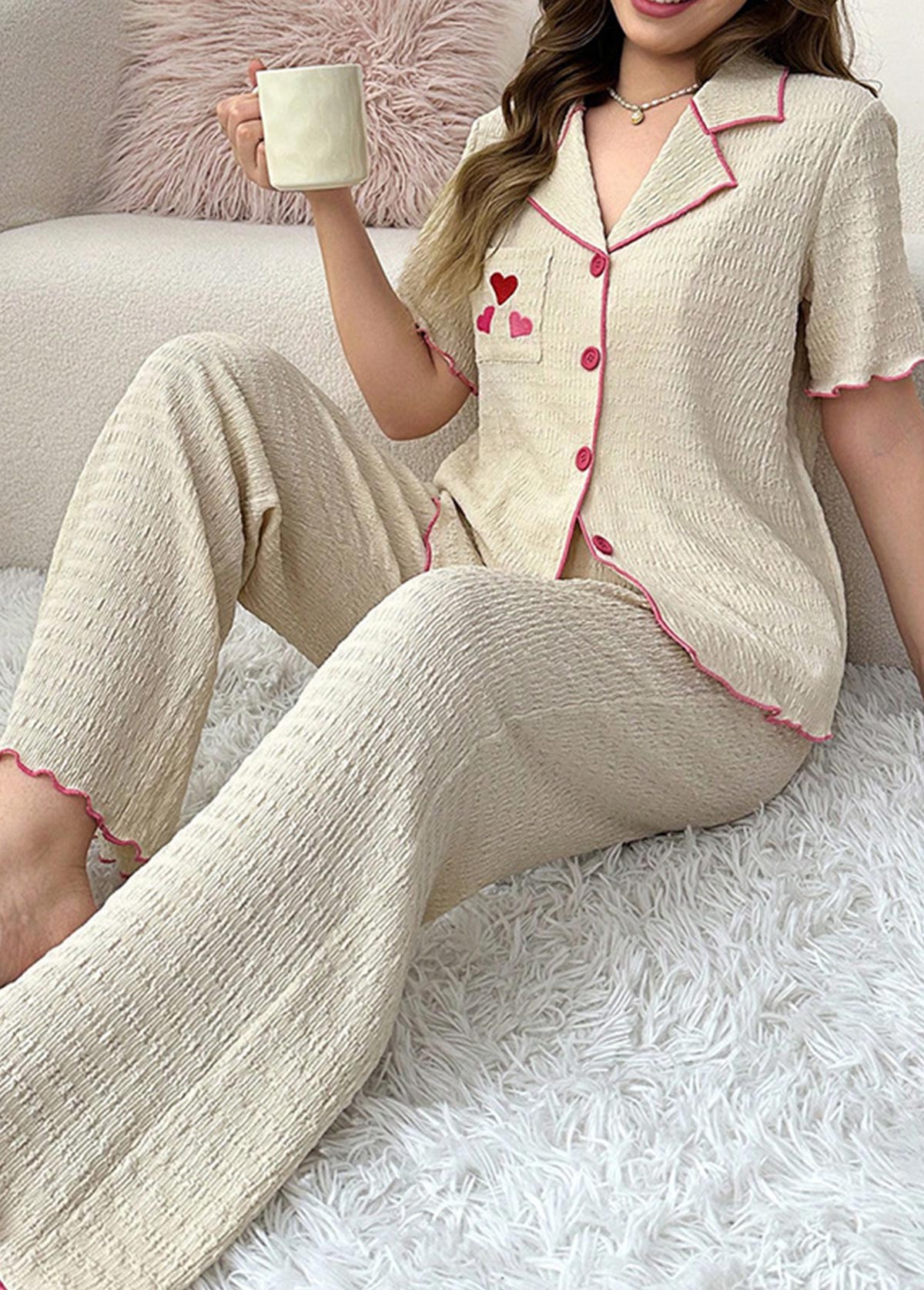 Beige Letter Print Short Sleeve Lounge Top and Pants | picture 