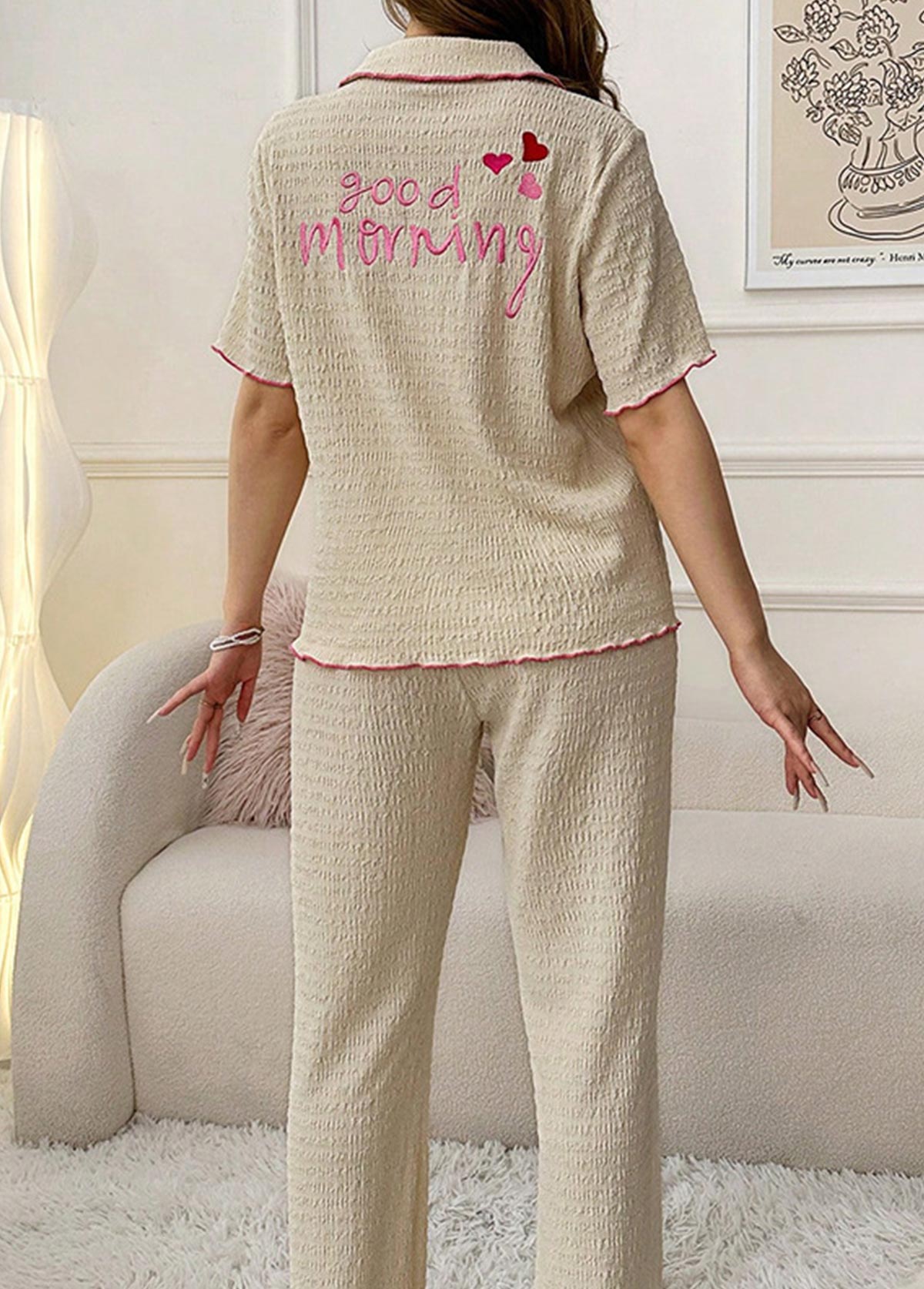 Beige Letter Print Short Sleeve Lounge Top and Pants | picture 