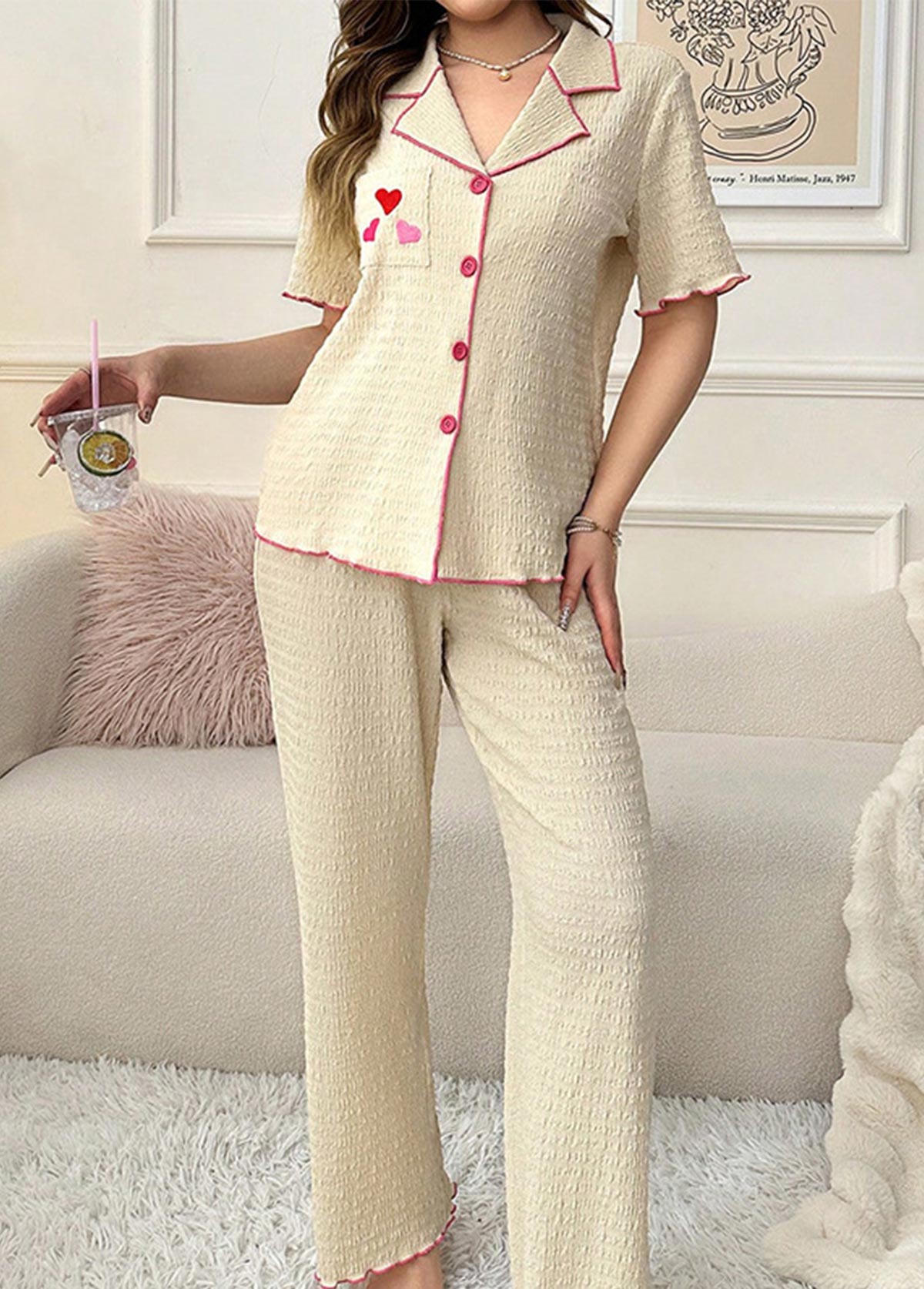 Beige Letter Print Short Sleeve Lounge Top and Pants | picture 