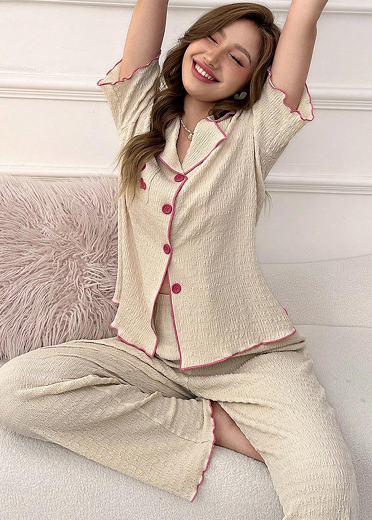 Beige Letter Print Short Sleeve Lounge Top and Pants | picture 