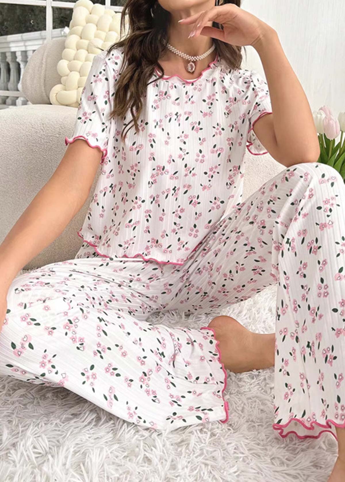 White Ditsy Floral Print Lounge Top and Pants | picture 