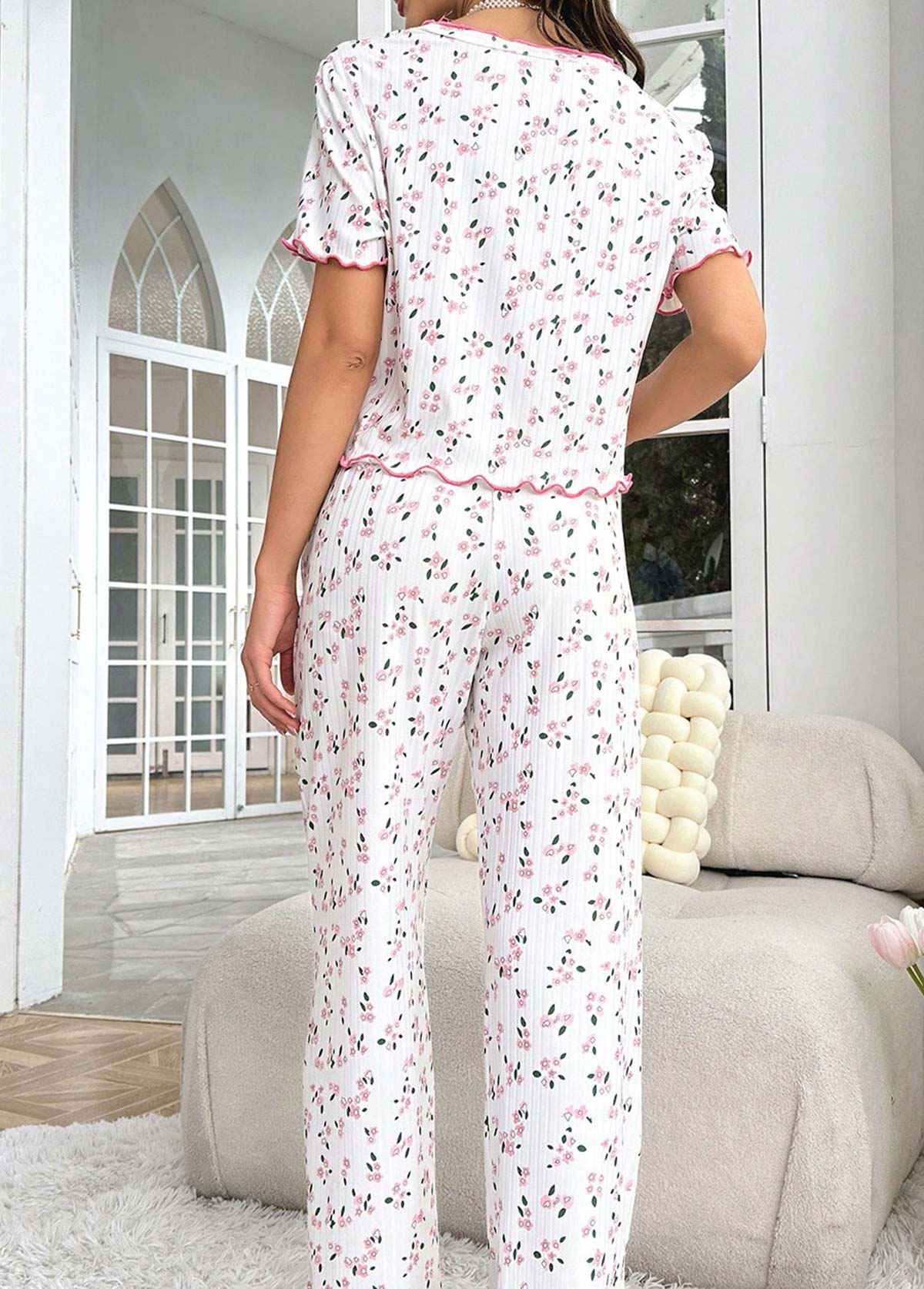 White Ditsy Floral Print Lounge Top and Pants | picture 