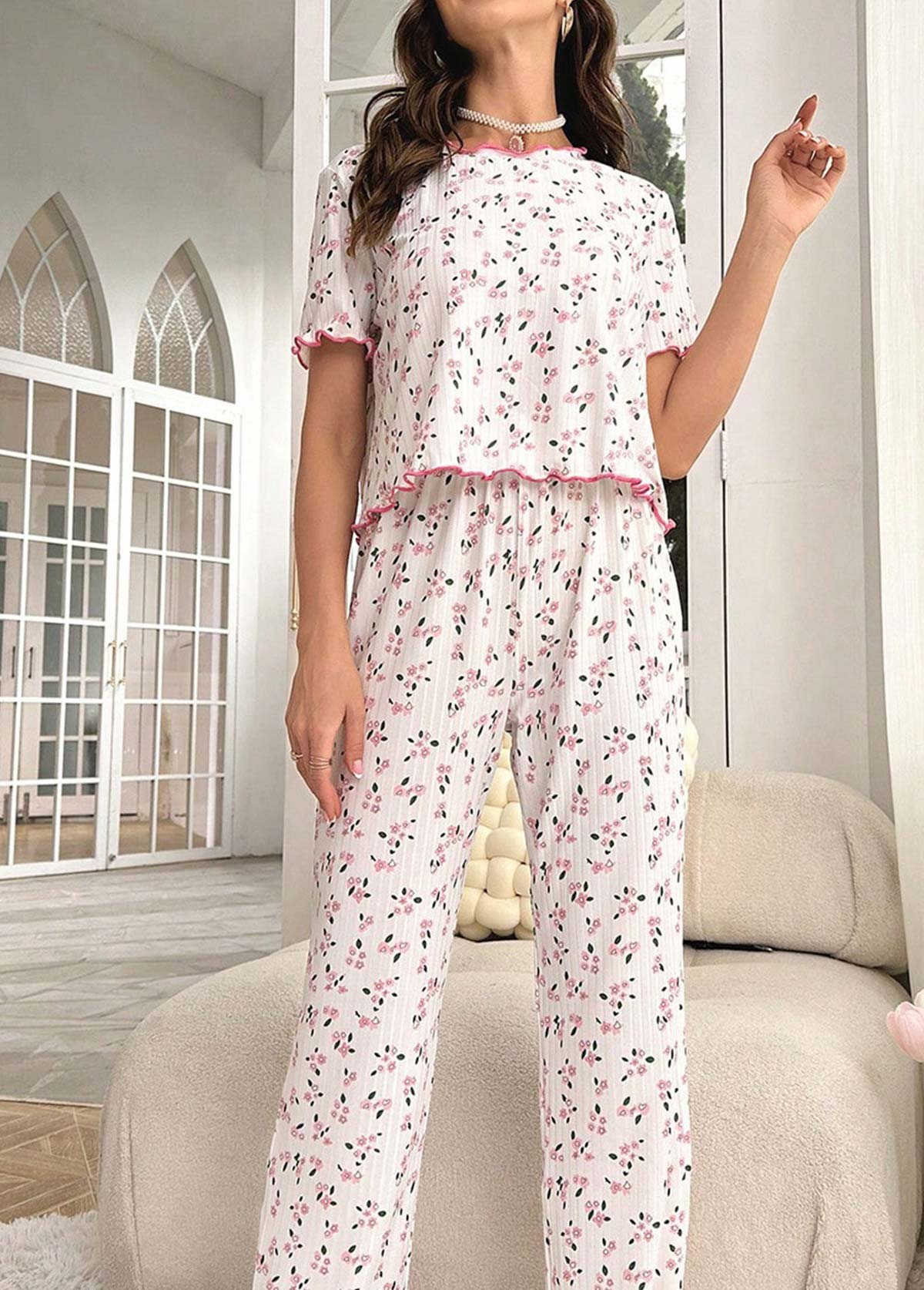 White Ditsy Floral Print Lounge Top and Pants | picture 