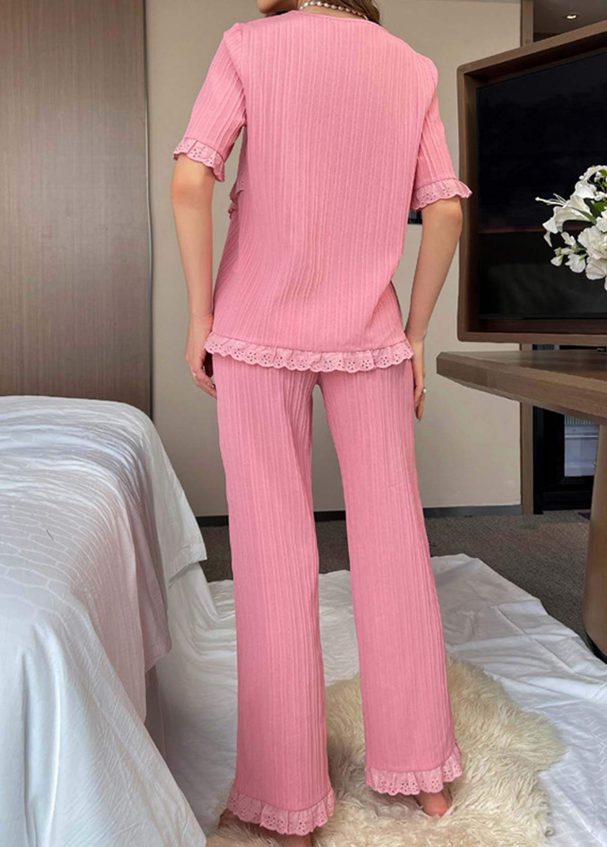 Pink Short Sleeve Round Neck Lounge Top and Pants | picture 