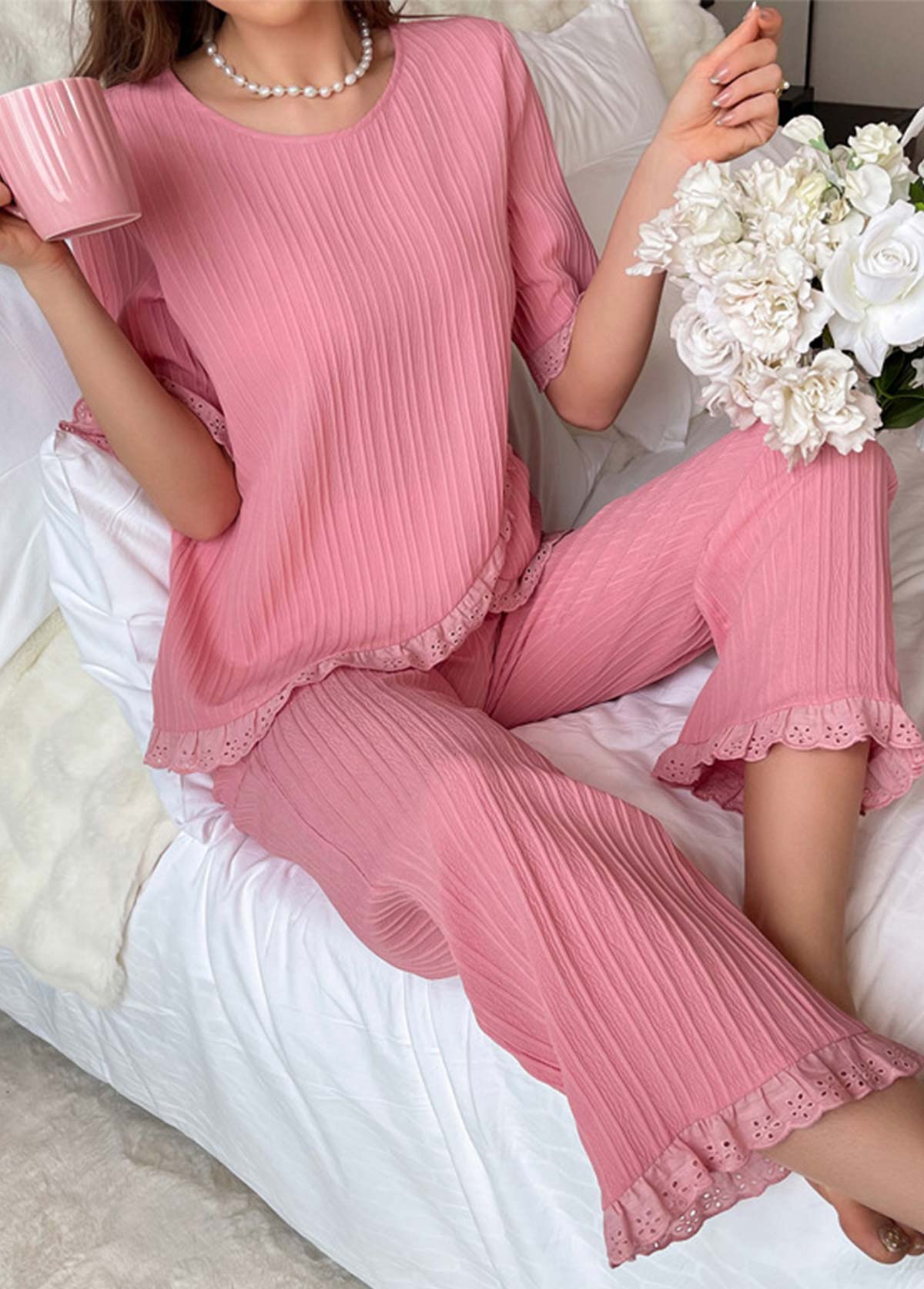 Pink Short Sleeve Round Neck Lounge Top and Pants | picture 