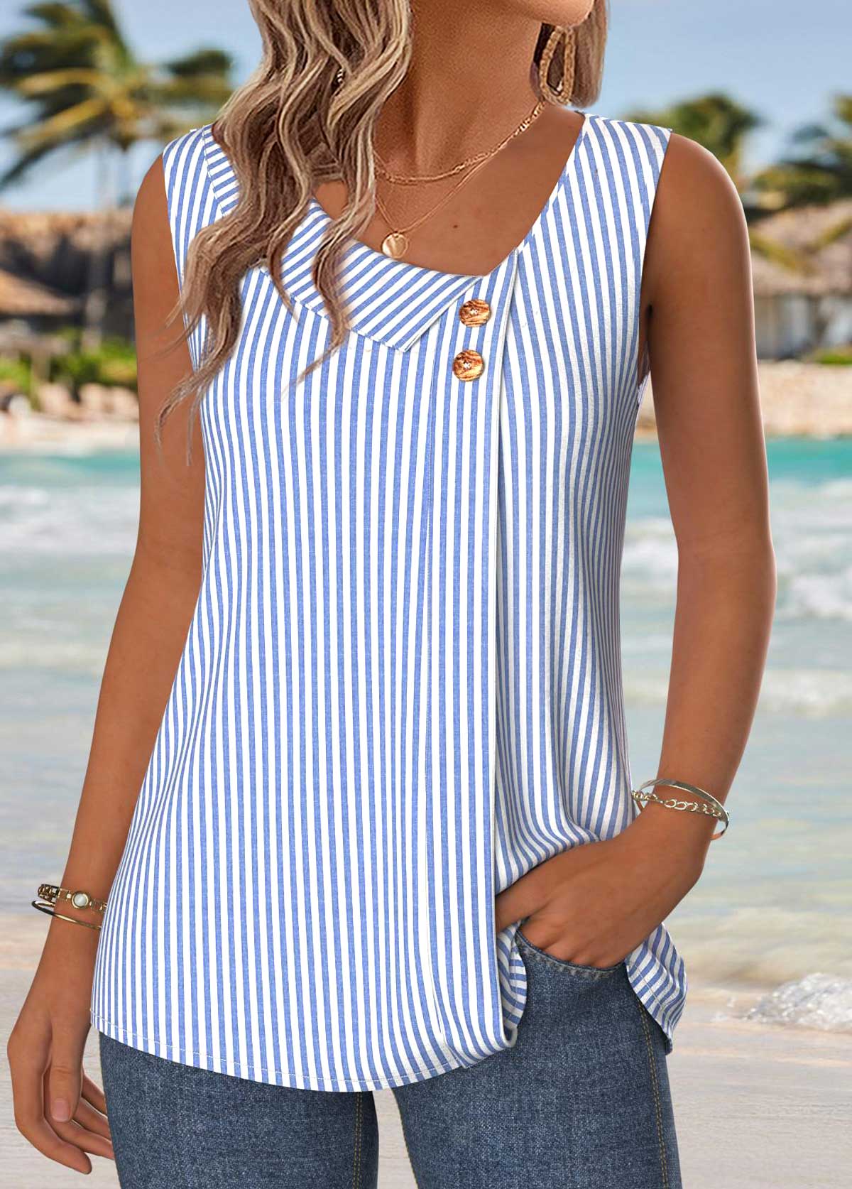 Blue Striped Patchwork Sleeveless Asymmetrical Neck Tank Top | picture 