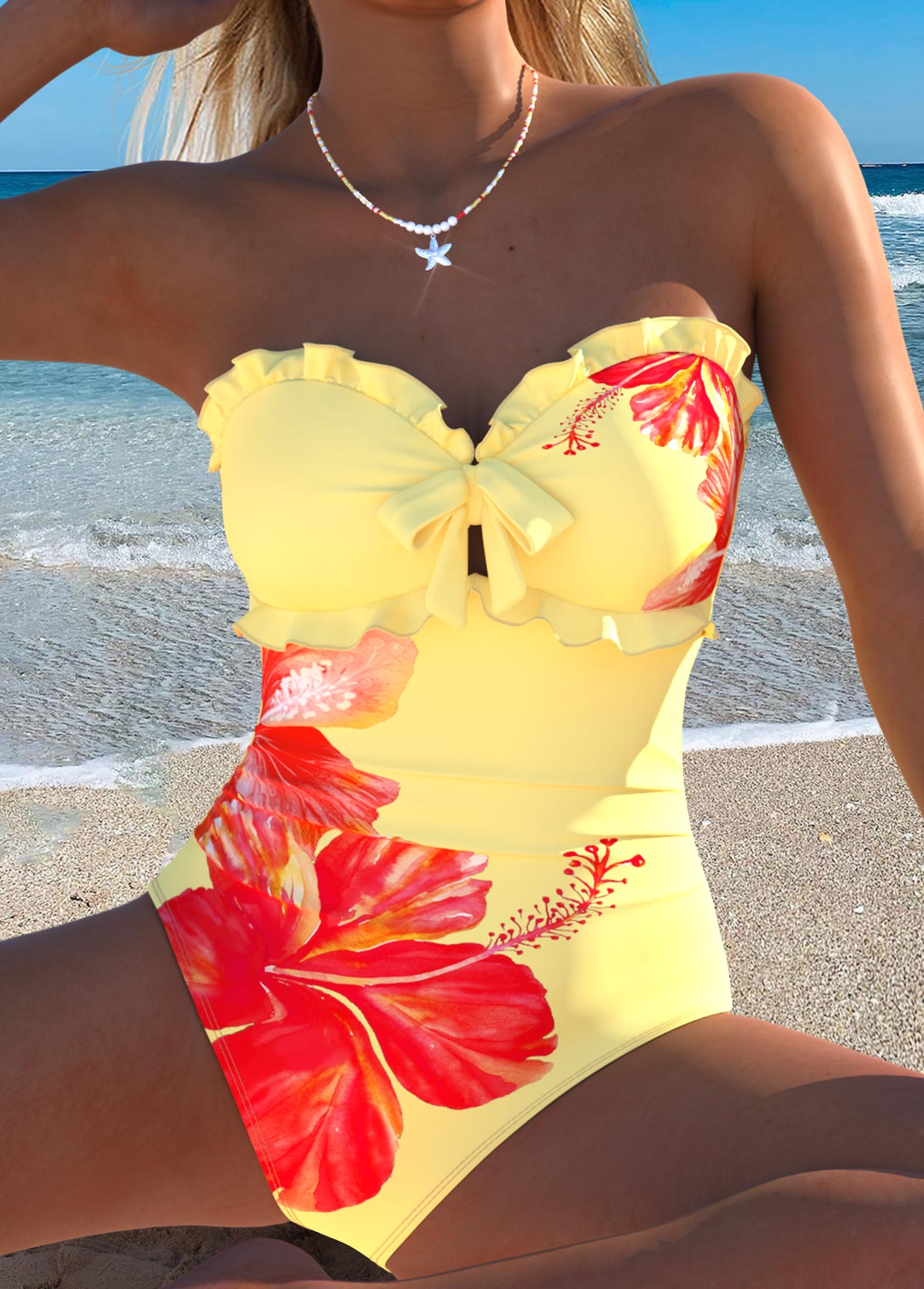 Light Yellow Cut Out Floral Print One Piece Swimwear | picture 