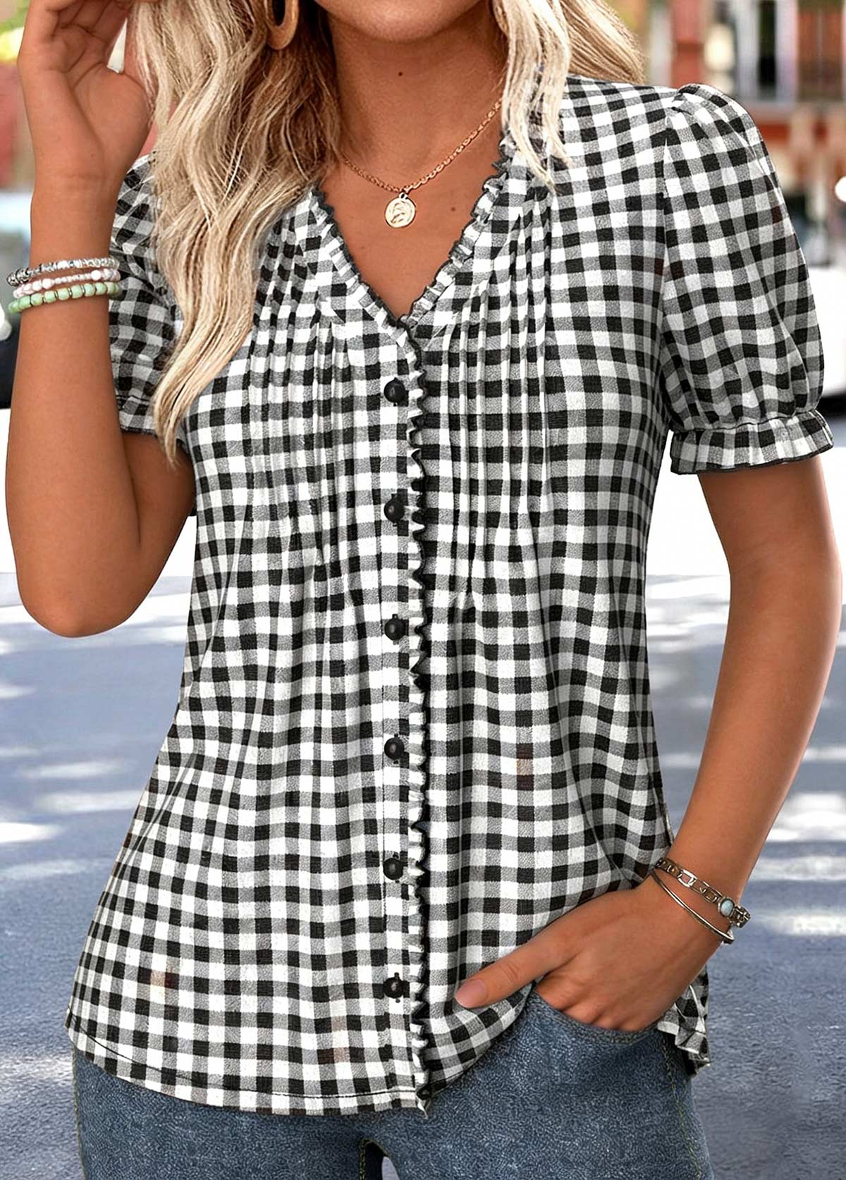 Black Plaid Tummy Coverage Short Sleeve V Neck Blouse | picture 
