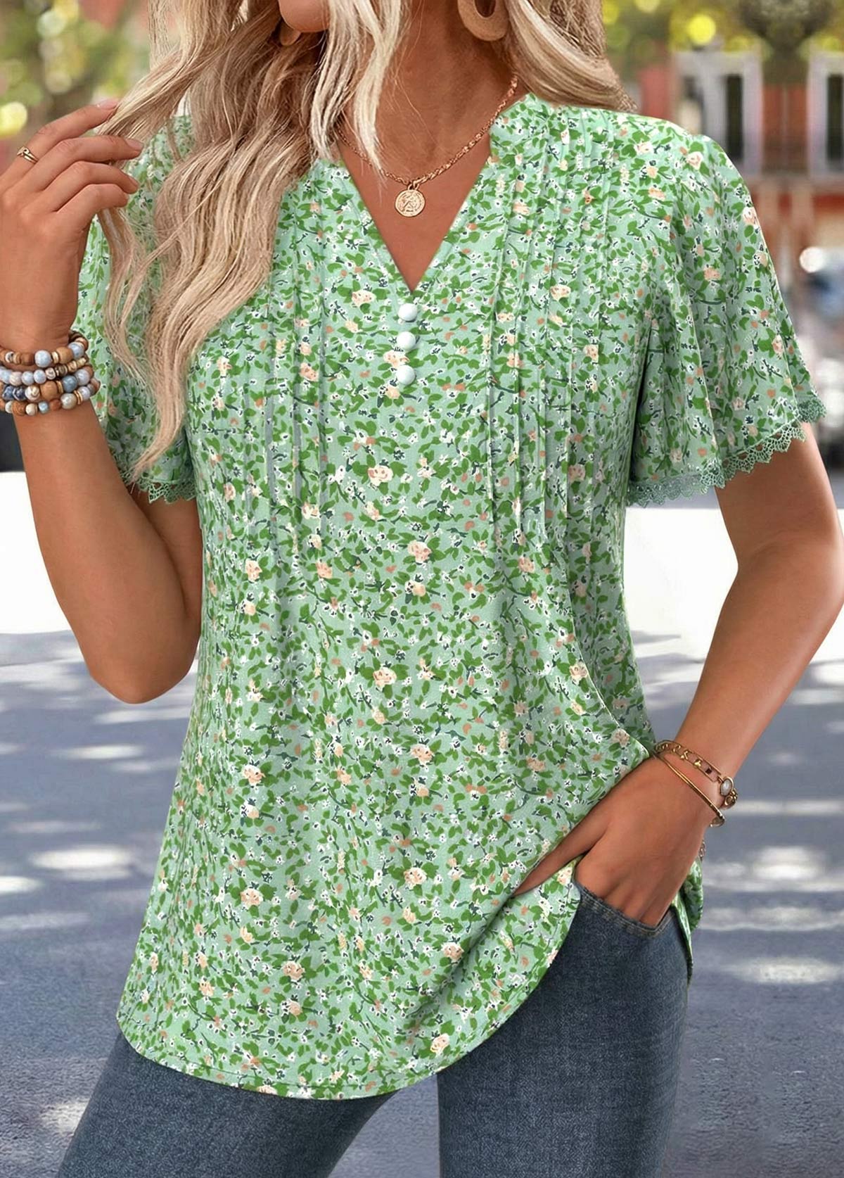 Light Green Ditsy Floral Print Lace Trim T Shirt | picture 
