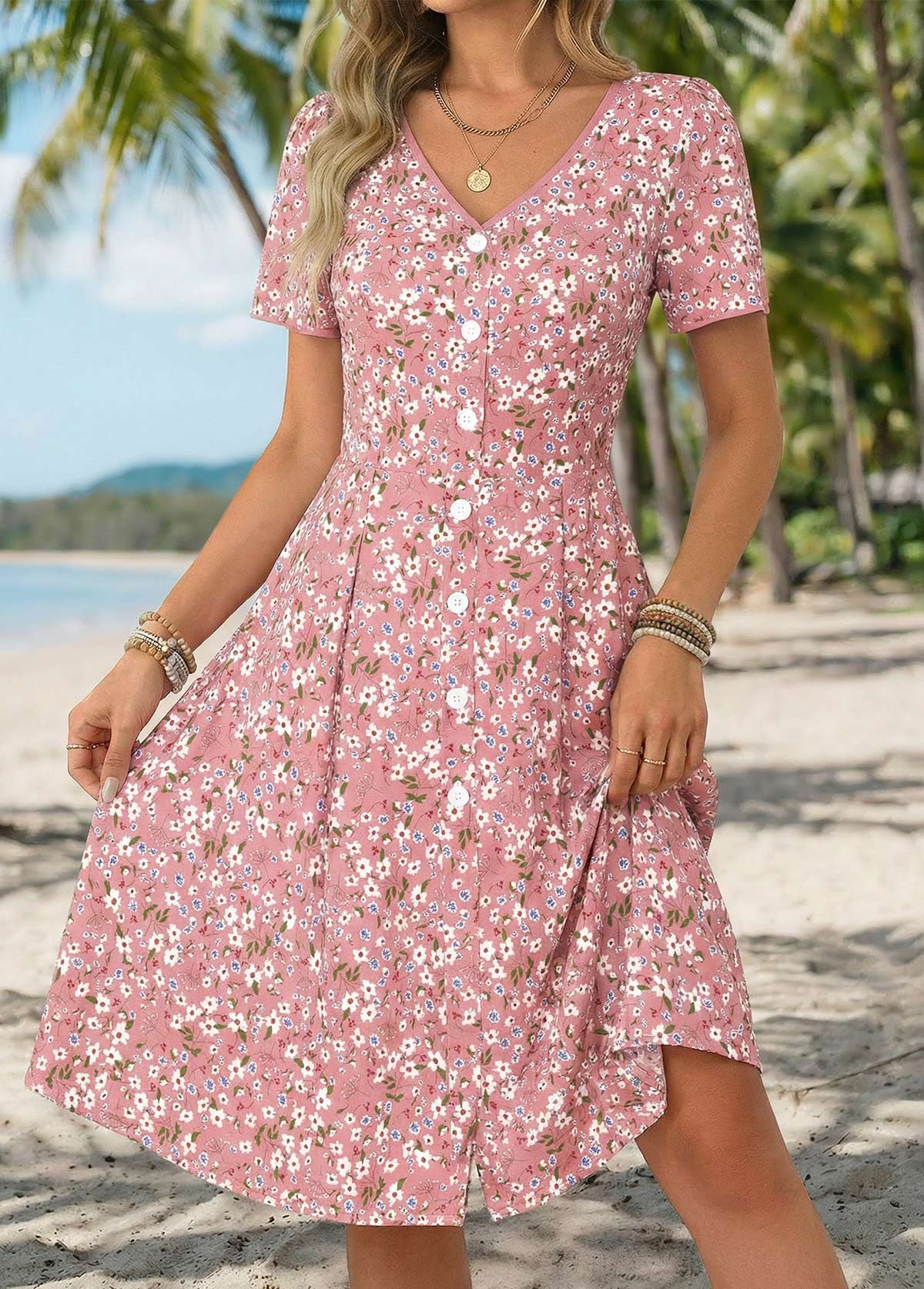 Dusty Pink Ditsy Floral Print Shirred Short Sleeve Dress | picture 