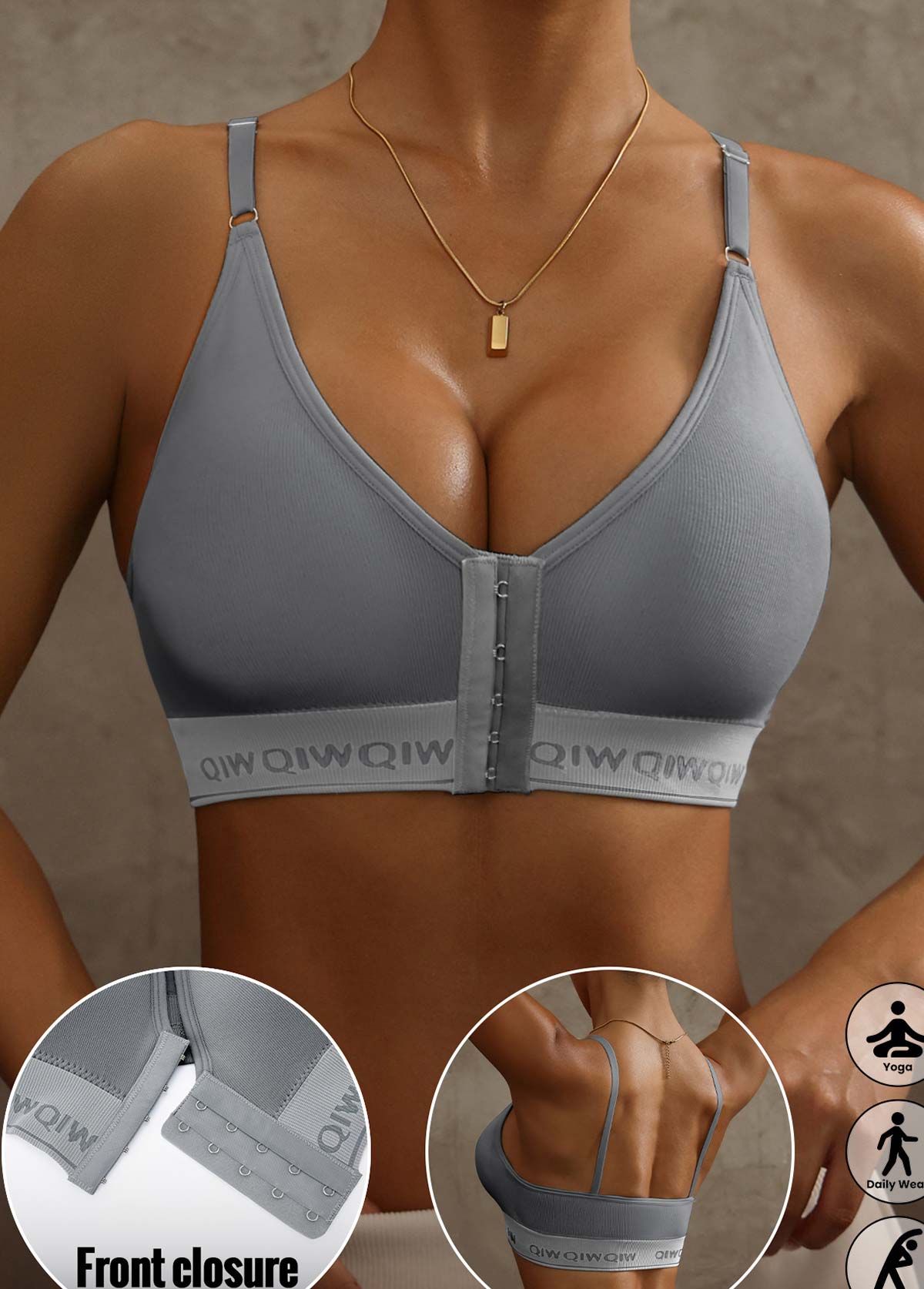 Modlily Sexy Babydoll Lingerie Chemises Grey Letter V Neck Adjustable Bra - XL