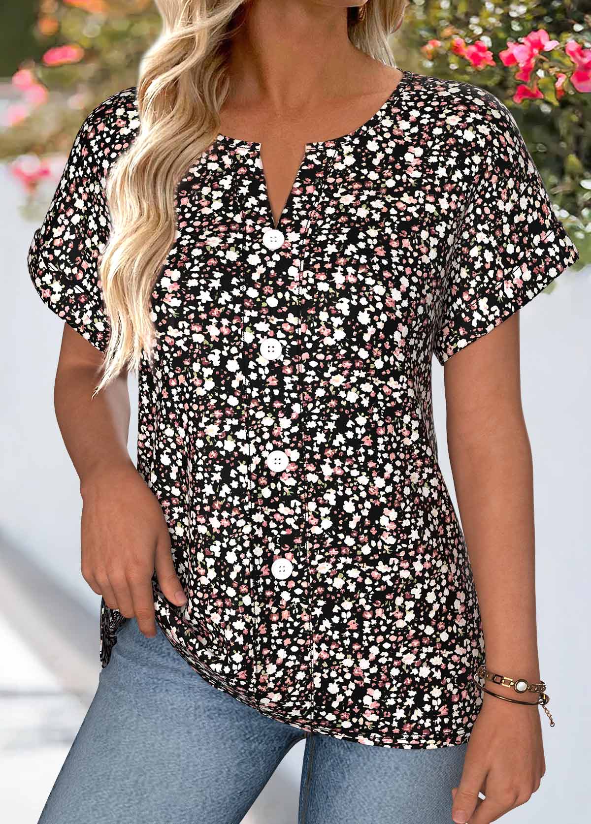 Black Ditsy Floral Print Tummy Coverage Short Sleeve Blouse | picture 