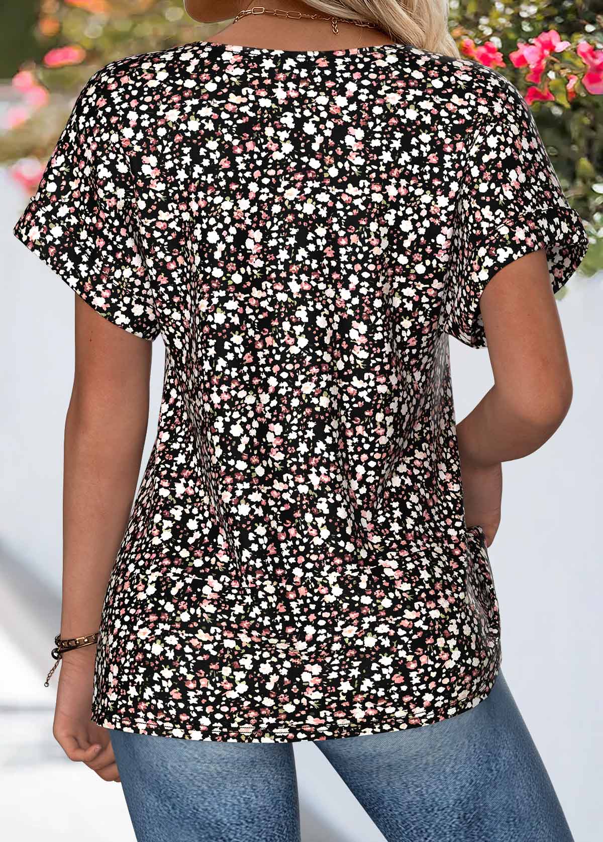 Black Ditsy Floral Print Tummy Coverage Short Sleeve Blouse | picture 