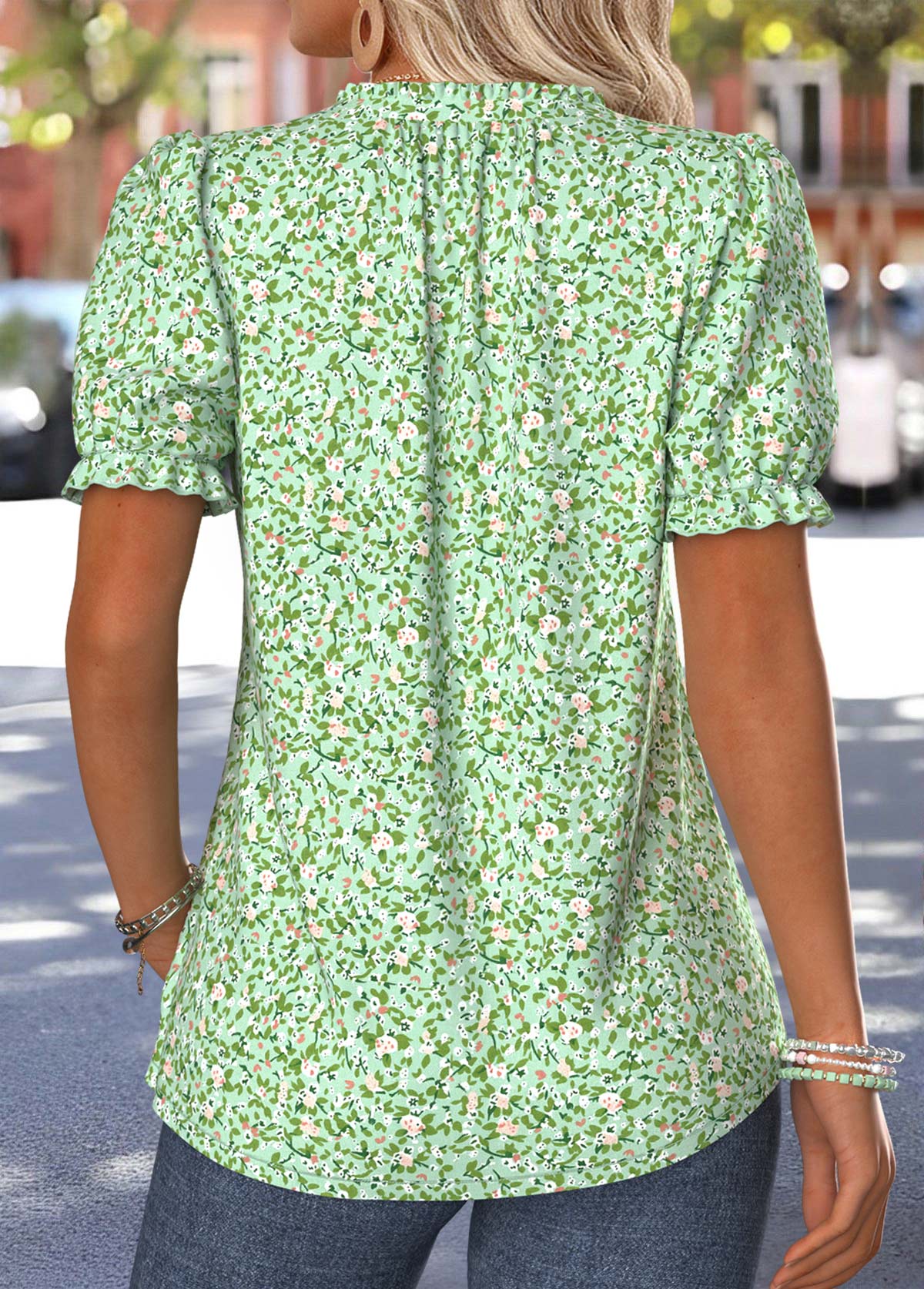 Light Green Ditsy Floral Print Tuck Stitch T Shirt | picture 