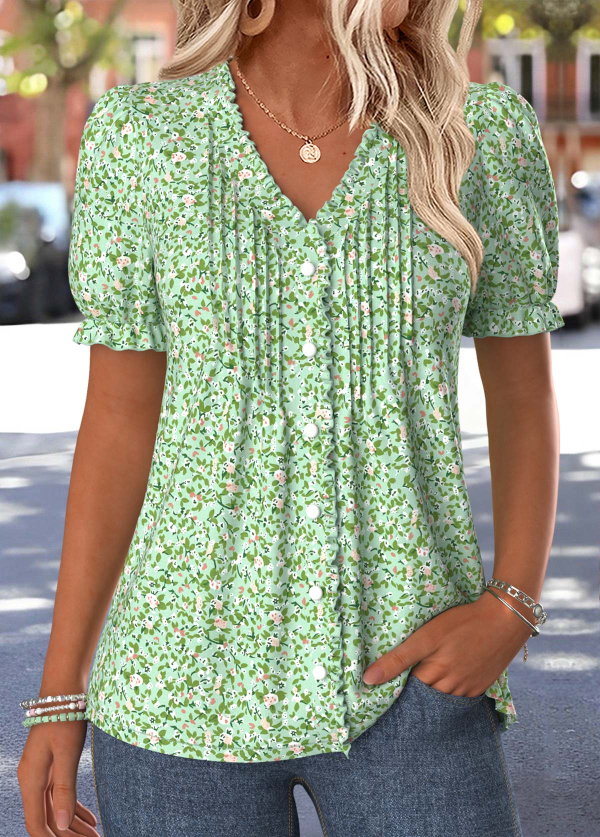 Light Green Ditsy Floral Print Tuck Stitch T Shirt | picture 