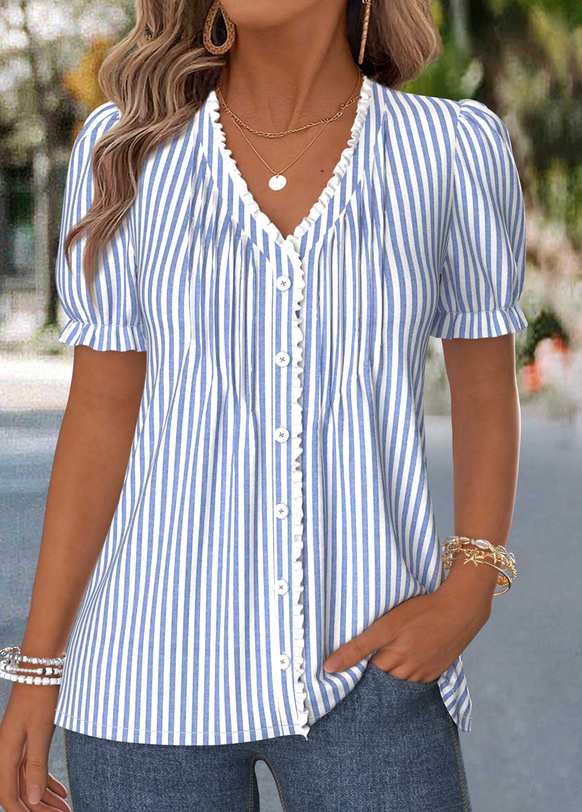Dusty Blue Striped Frill Short Sleeve T Shirt | picture 