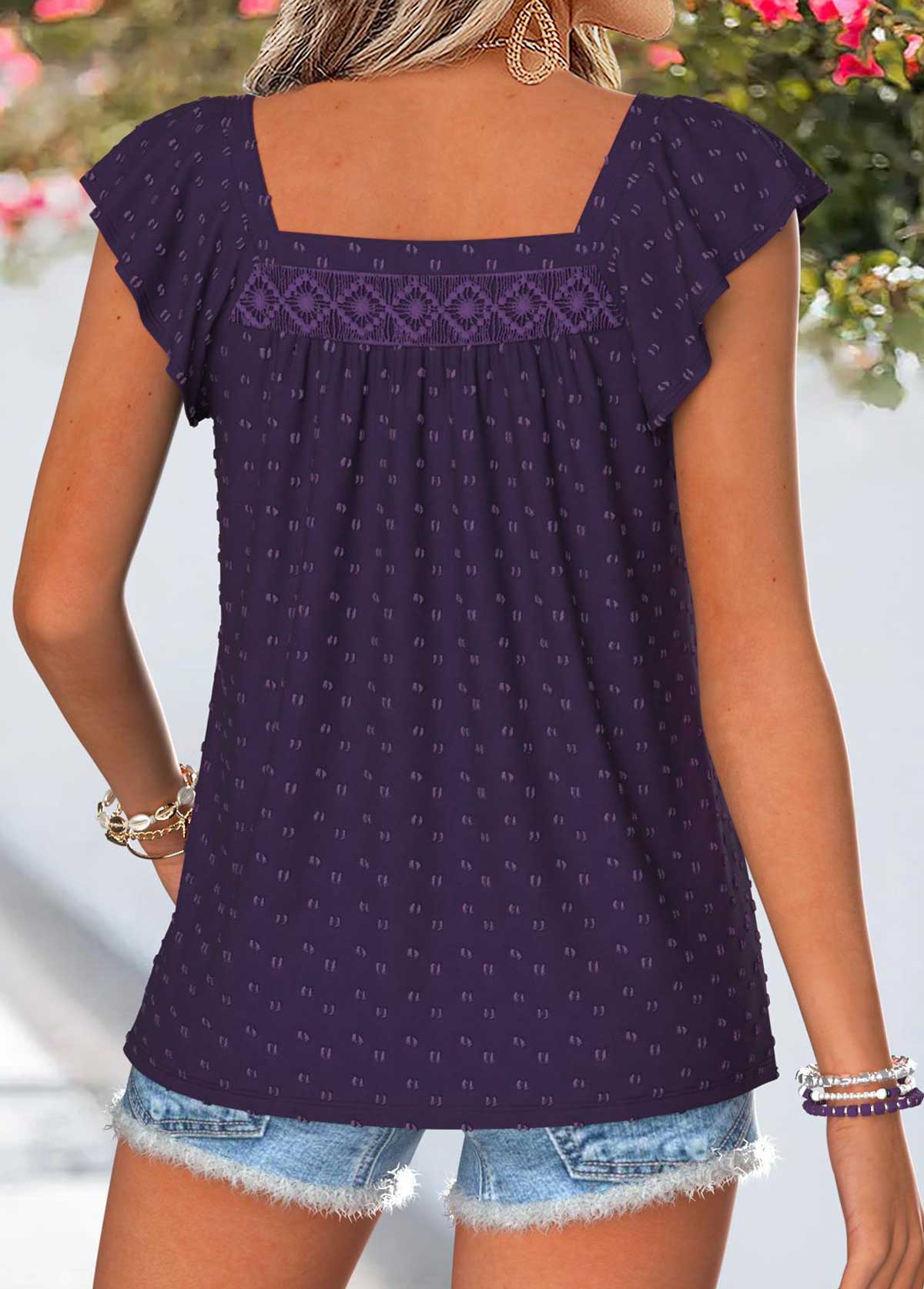 Purple Curved Hem Short Sleeve Square Neck Tank Top | picture 