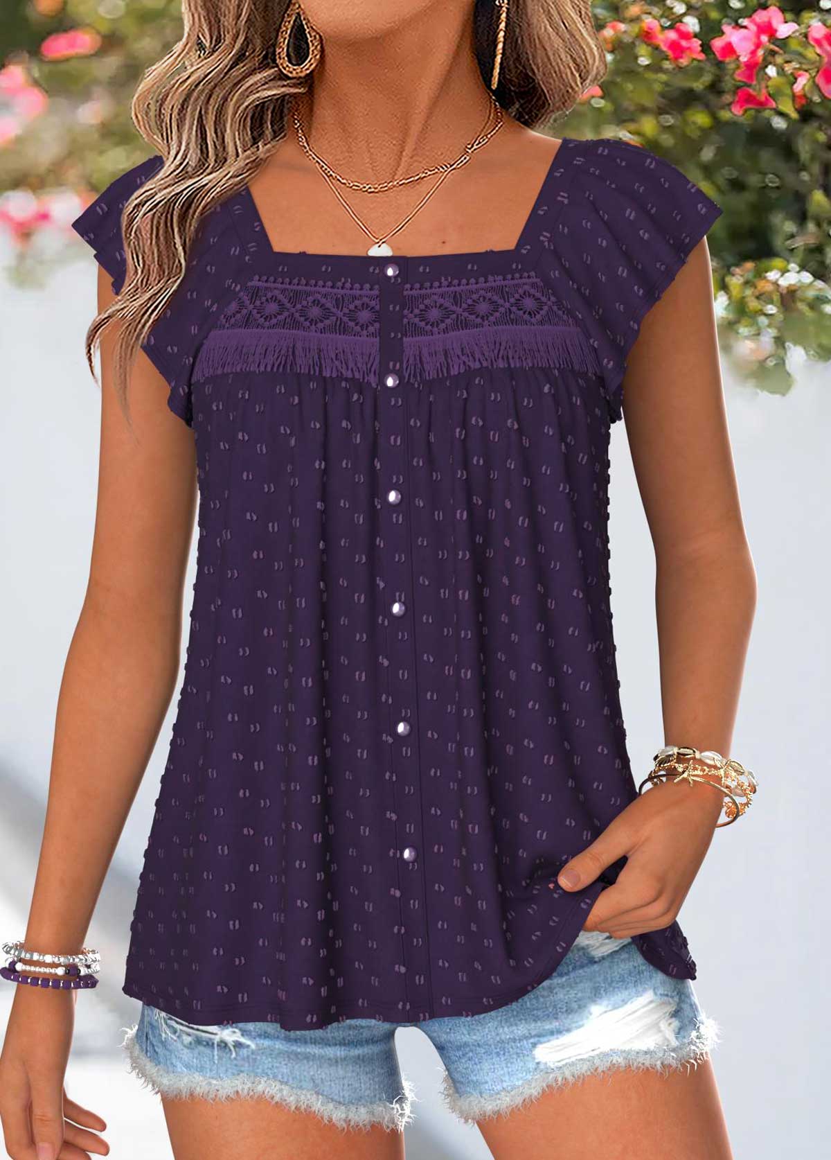 Purple Curved Hem Short Sleeve Square Neck Tank Top | picture 