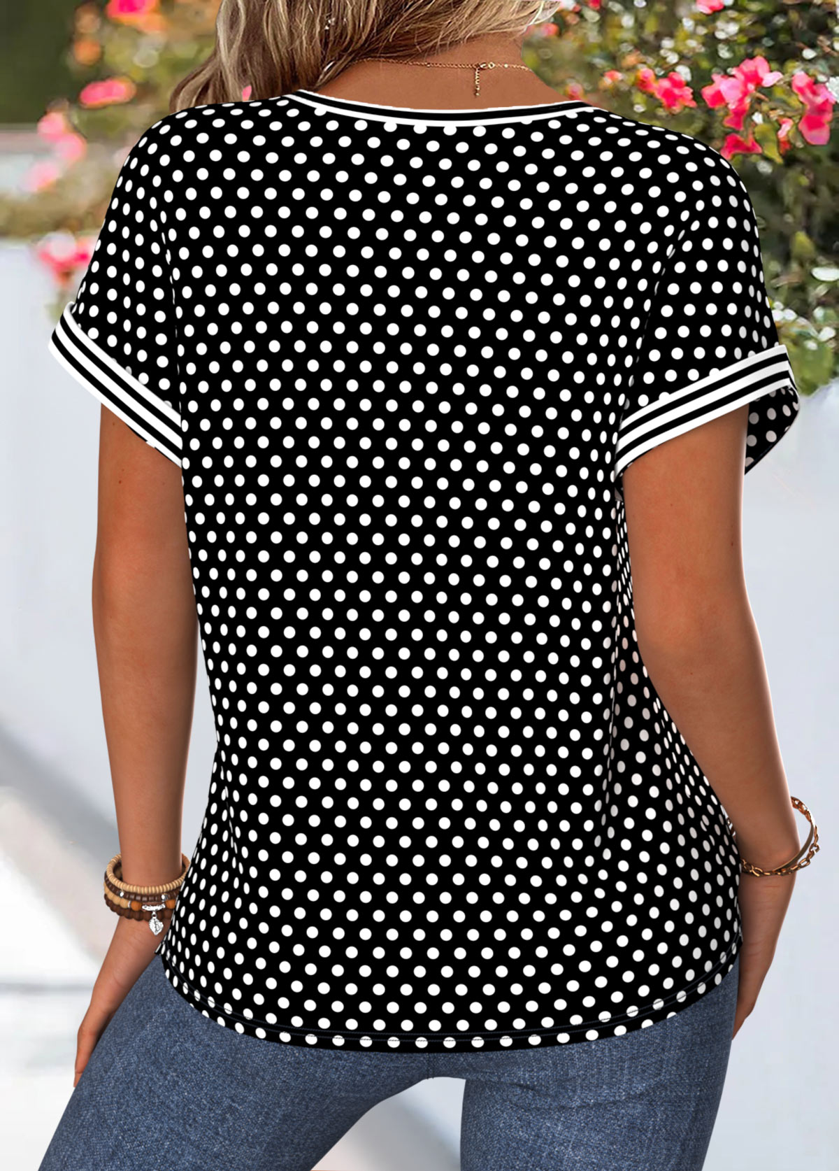 Black Polka Dot Curved Hem Short Sleeve Blouse | picture 