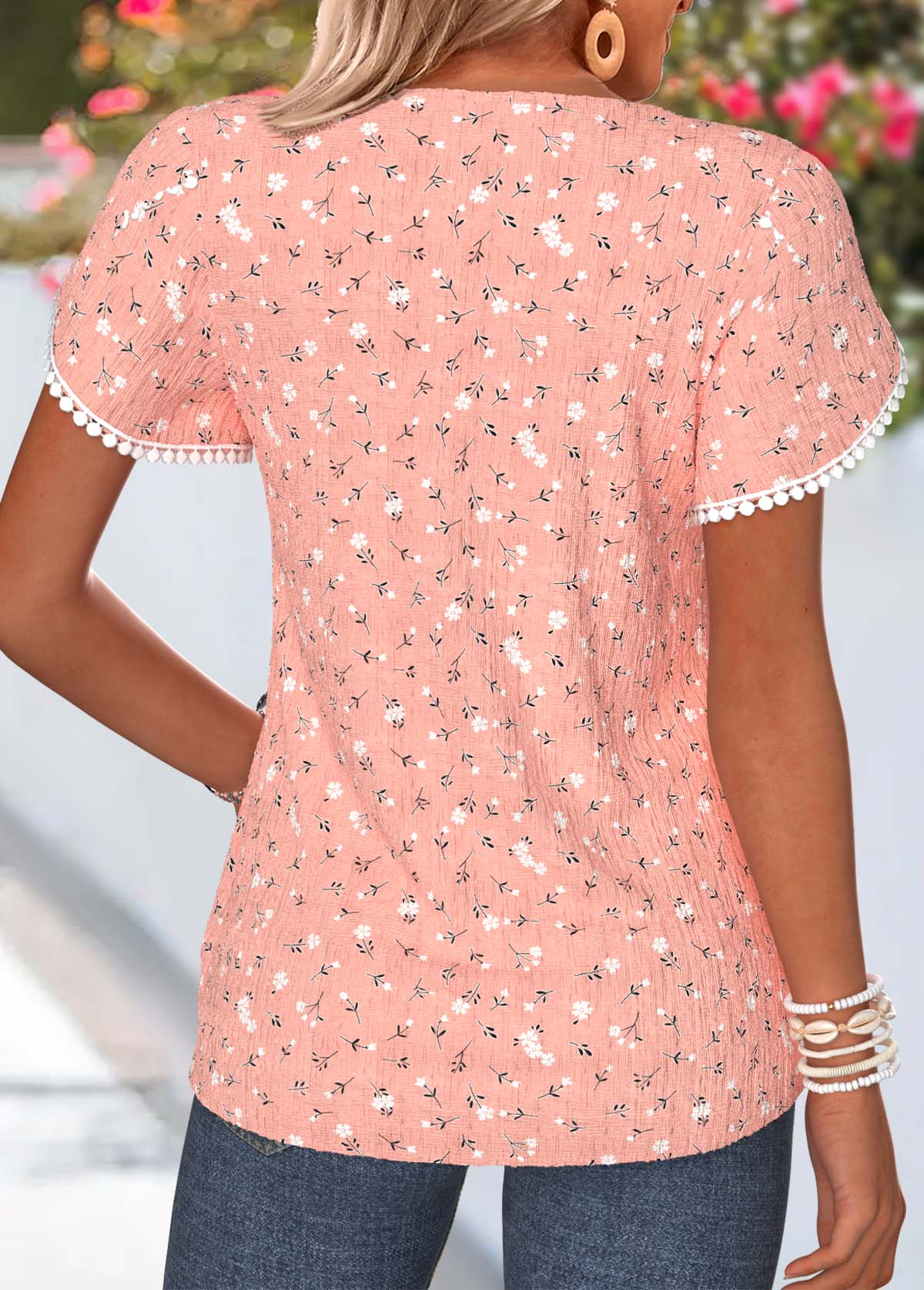 Dusty Pink Ditsy Floral Print Curved Hem T Shirt | picture 