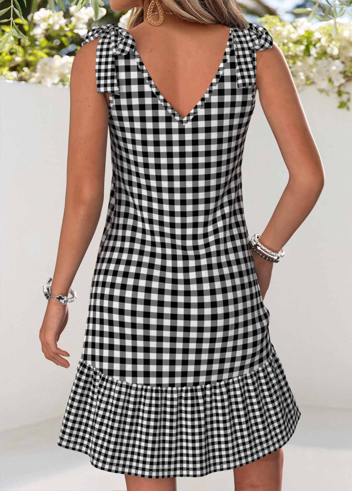 Black Plaid Short Patchwork Strappy V Neck Dress | picture 
