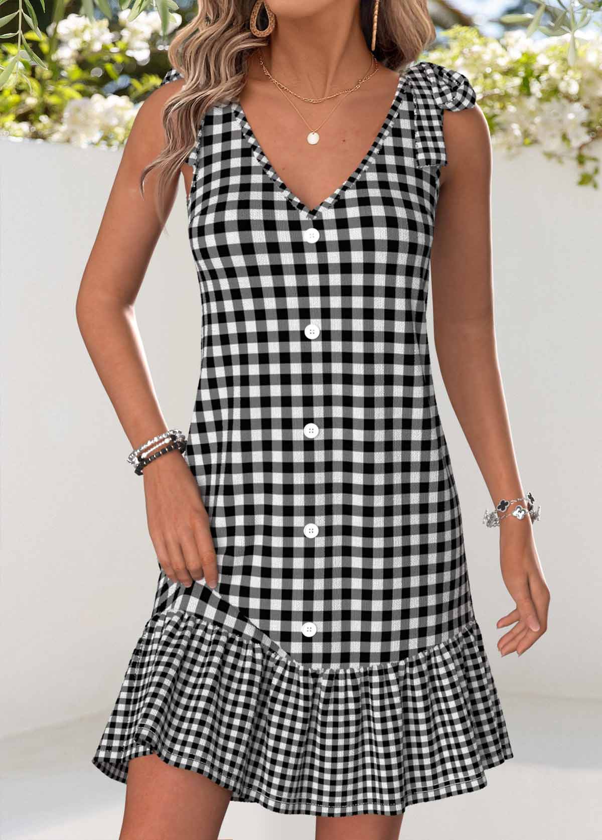 Black Plaid Short Patchwork Strappy V Neck Dress | picture 
